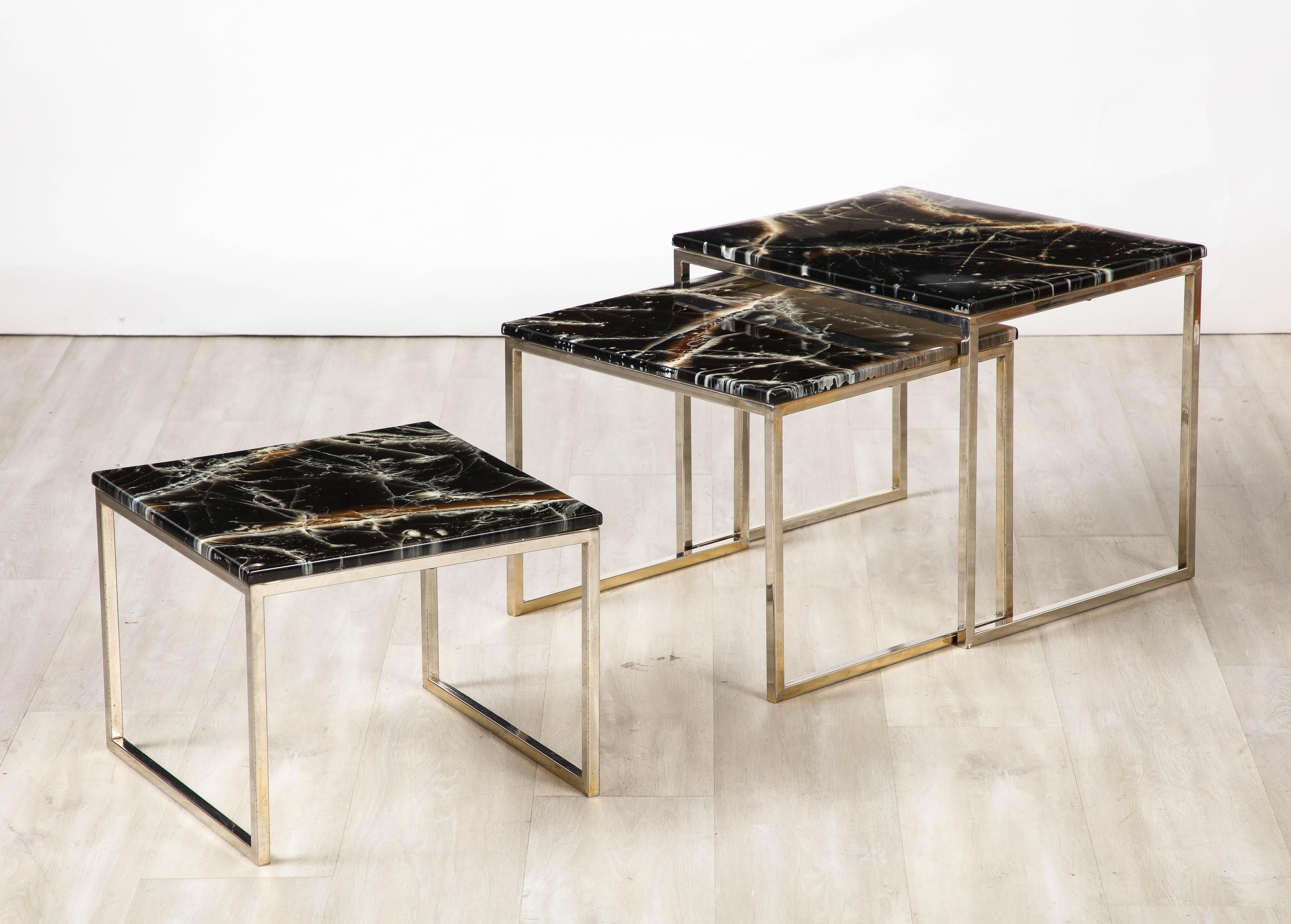 French 1970's Chrome and Faux Stone Nesting Tables For Sale 6