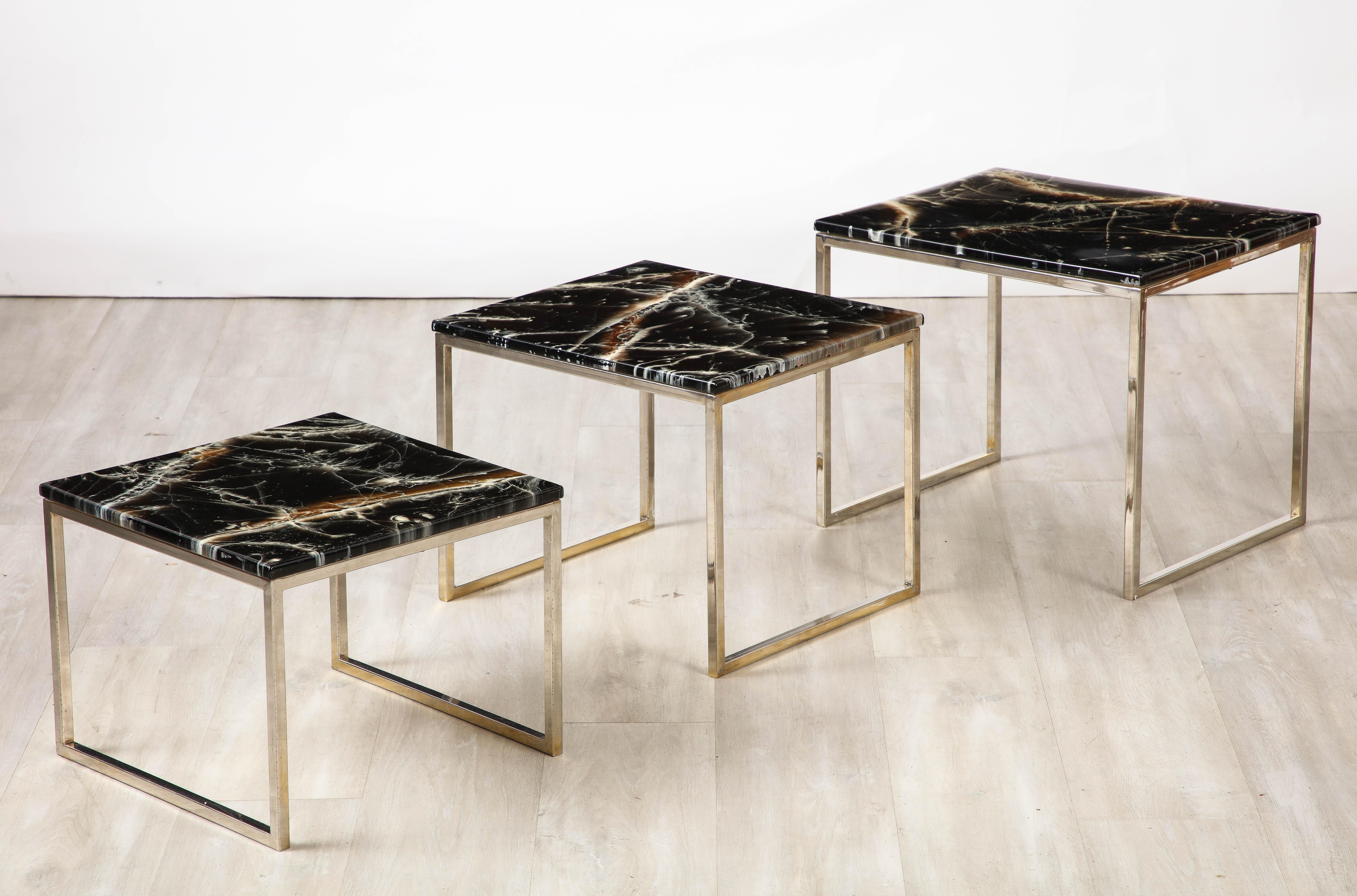 French 1970's Chrome and Faux Stone Nesting Tables For Sale 7