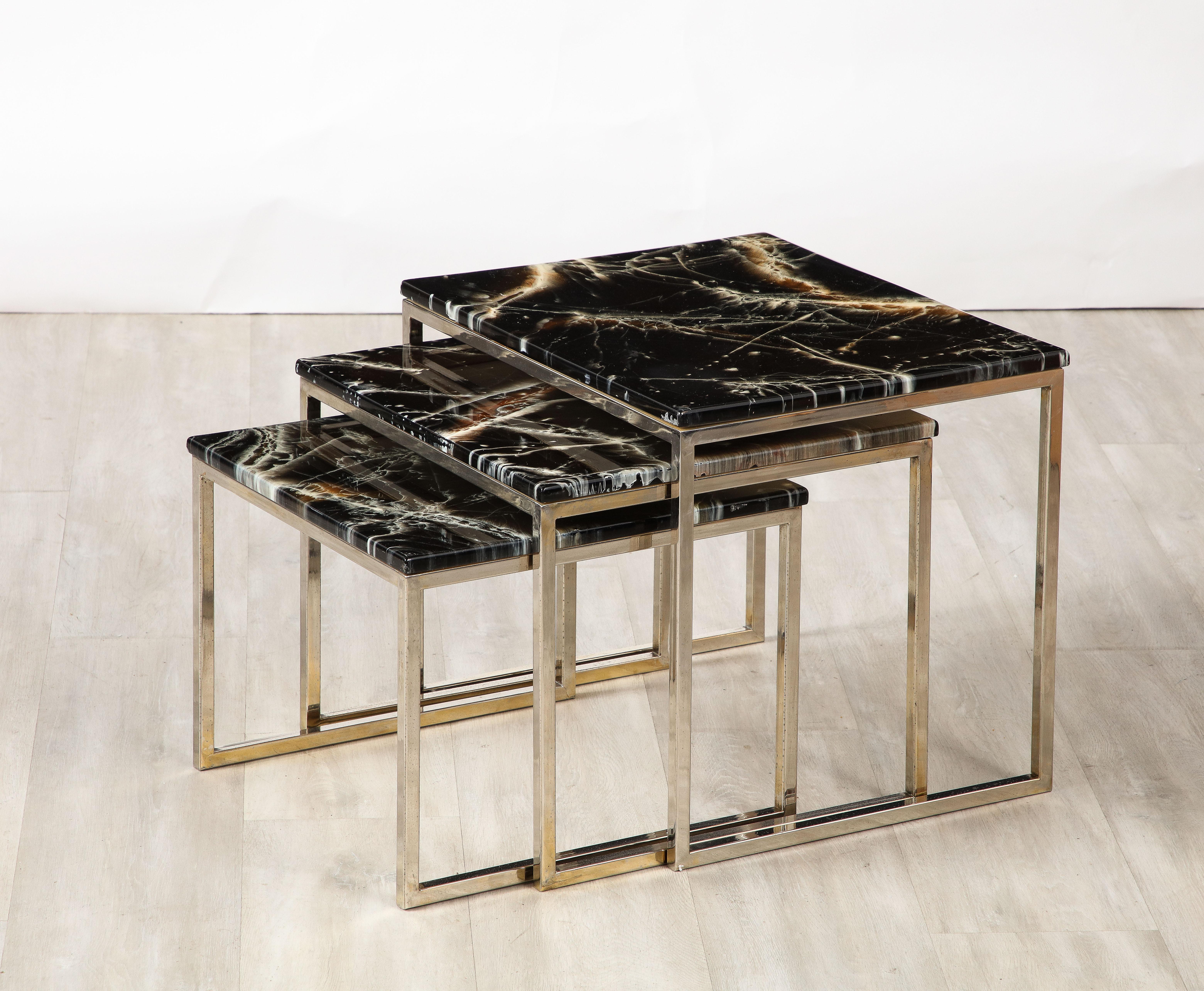 French 1970's Chrome and Faux Stone Nesting Tables For Sale 11