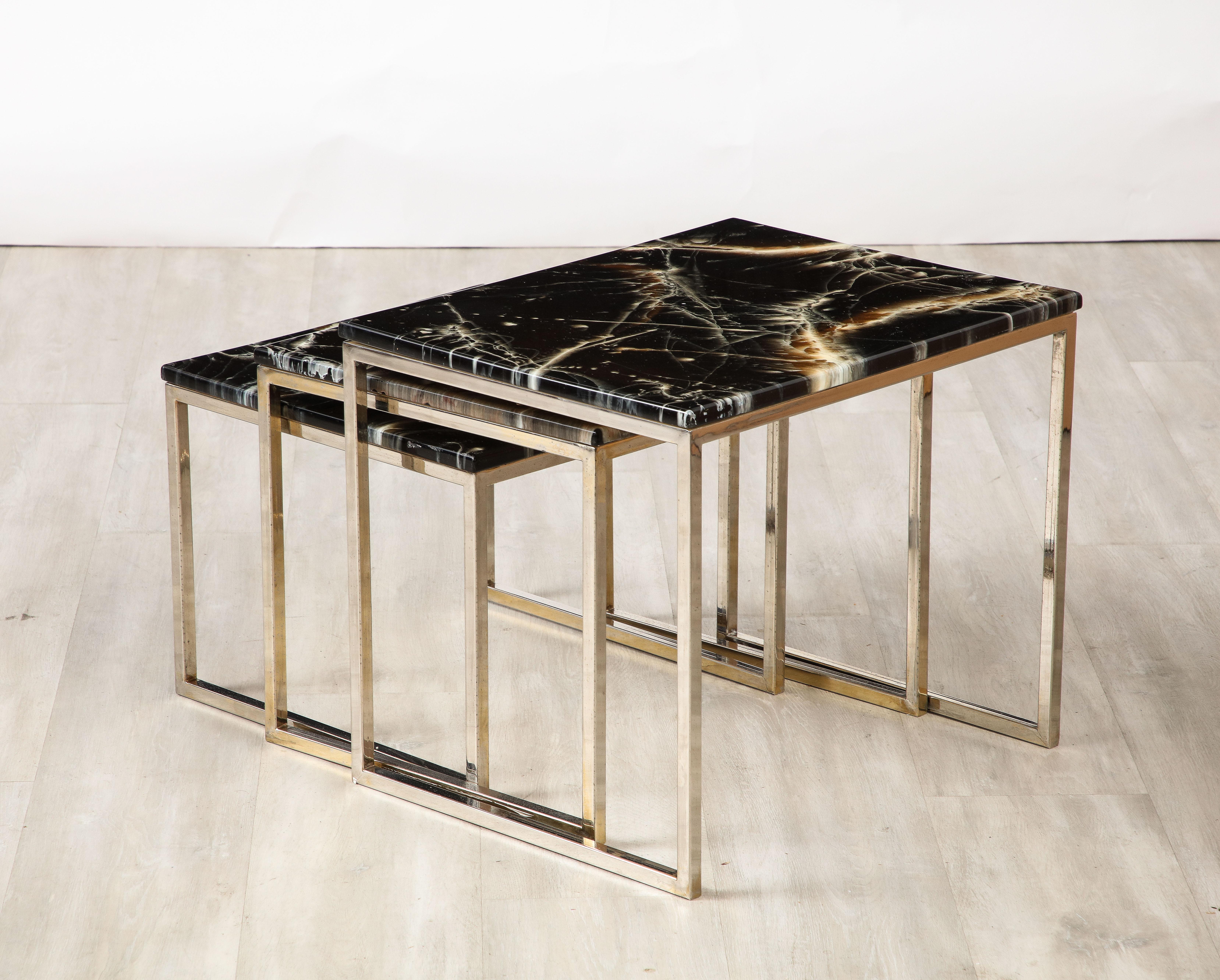 French 1970's Chrome and Faux Stone Nesting Tables For Sale 12