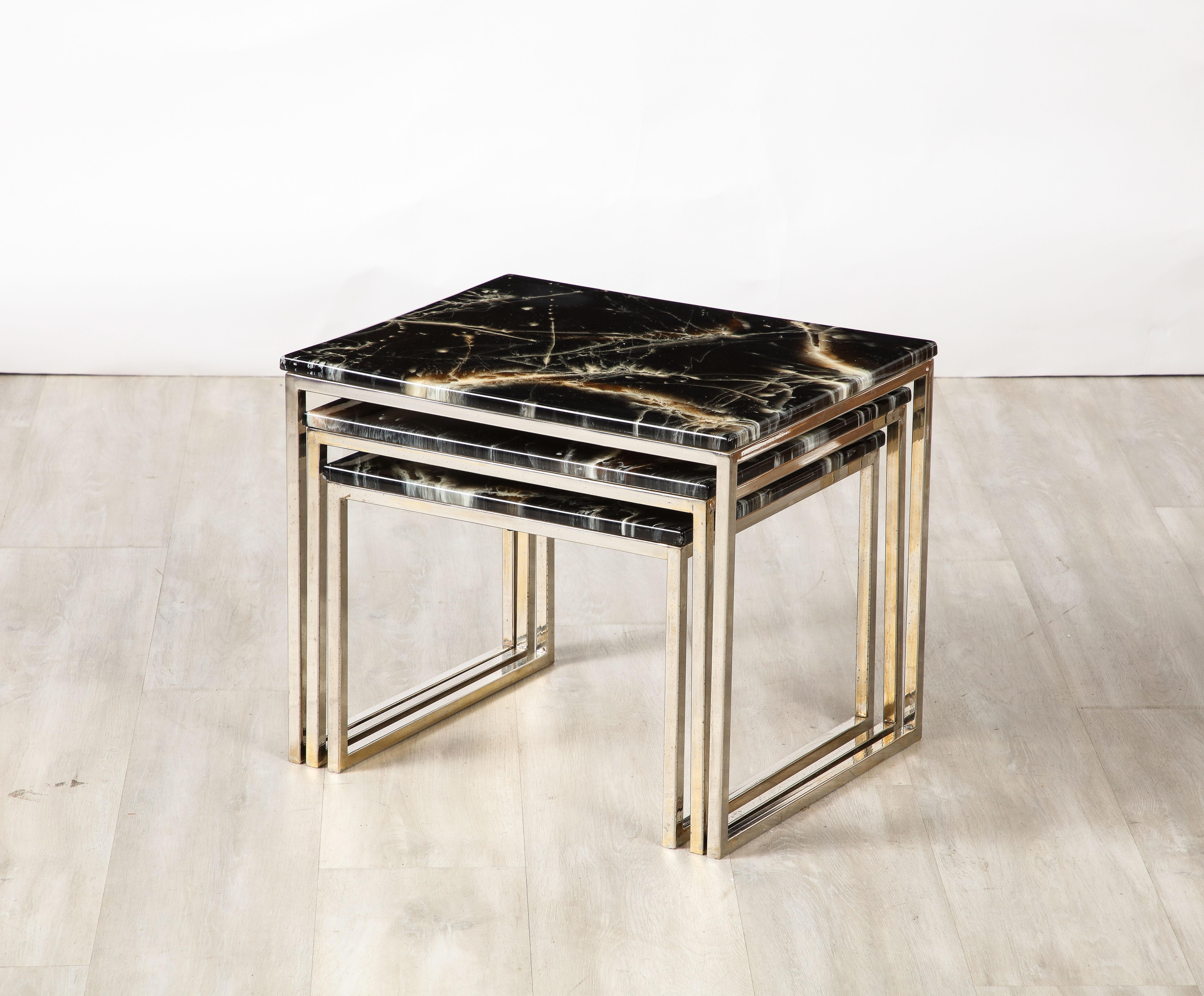 Modern French 1970's Chrome and Faux Stone Nesting Tables For Sale