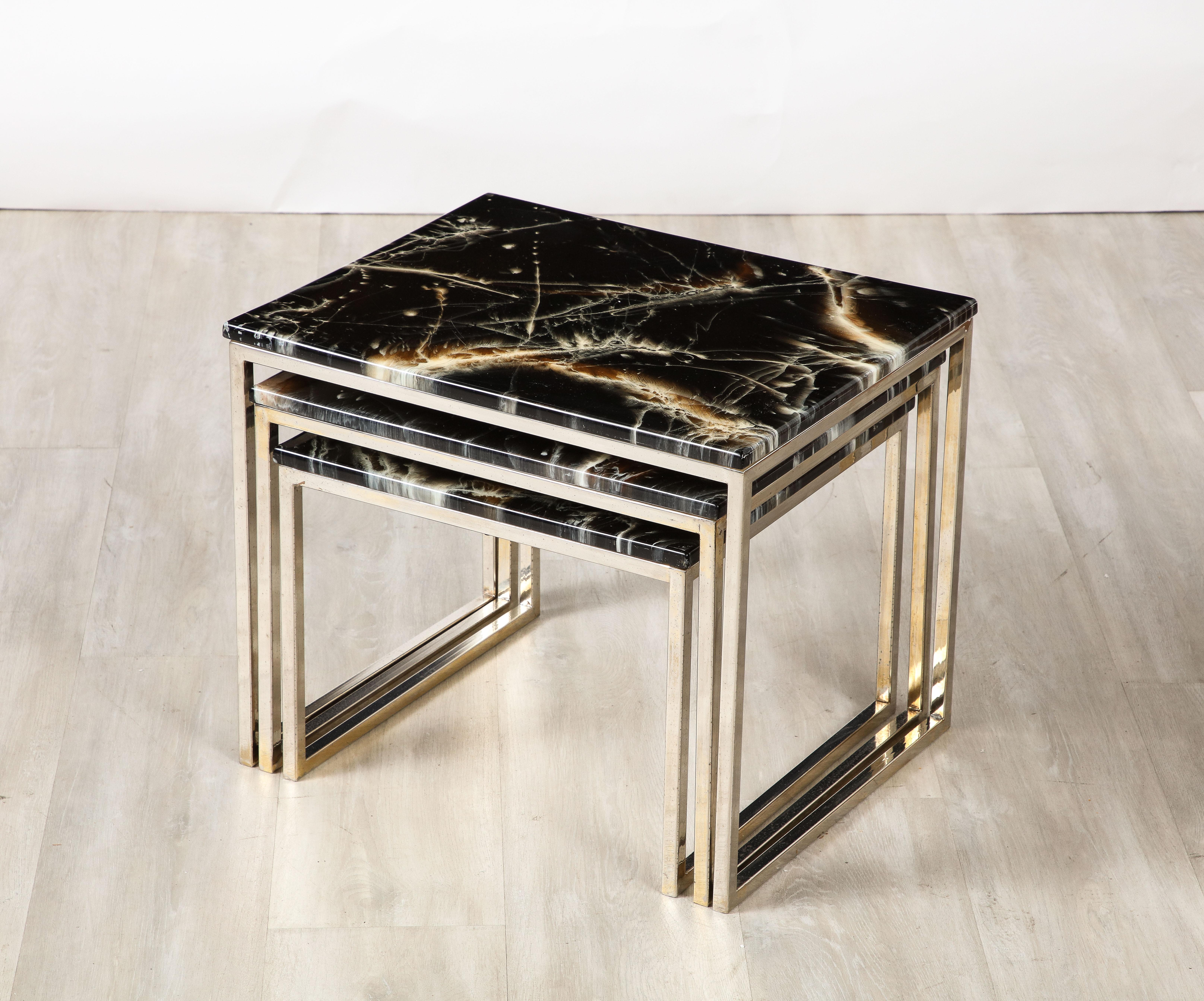 French 1970's Chrome and Faux Stone Nesting Tables In Good Condition For Sale In New York, NY