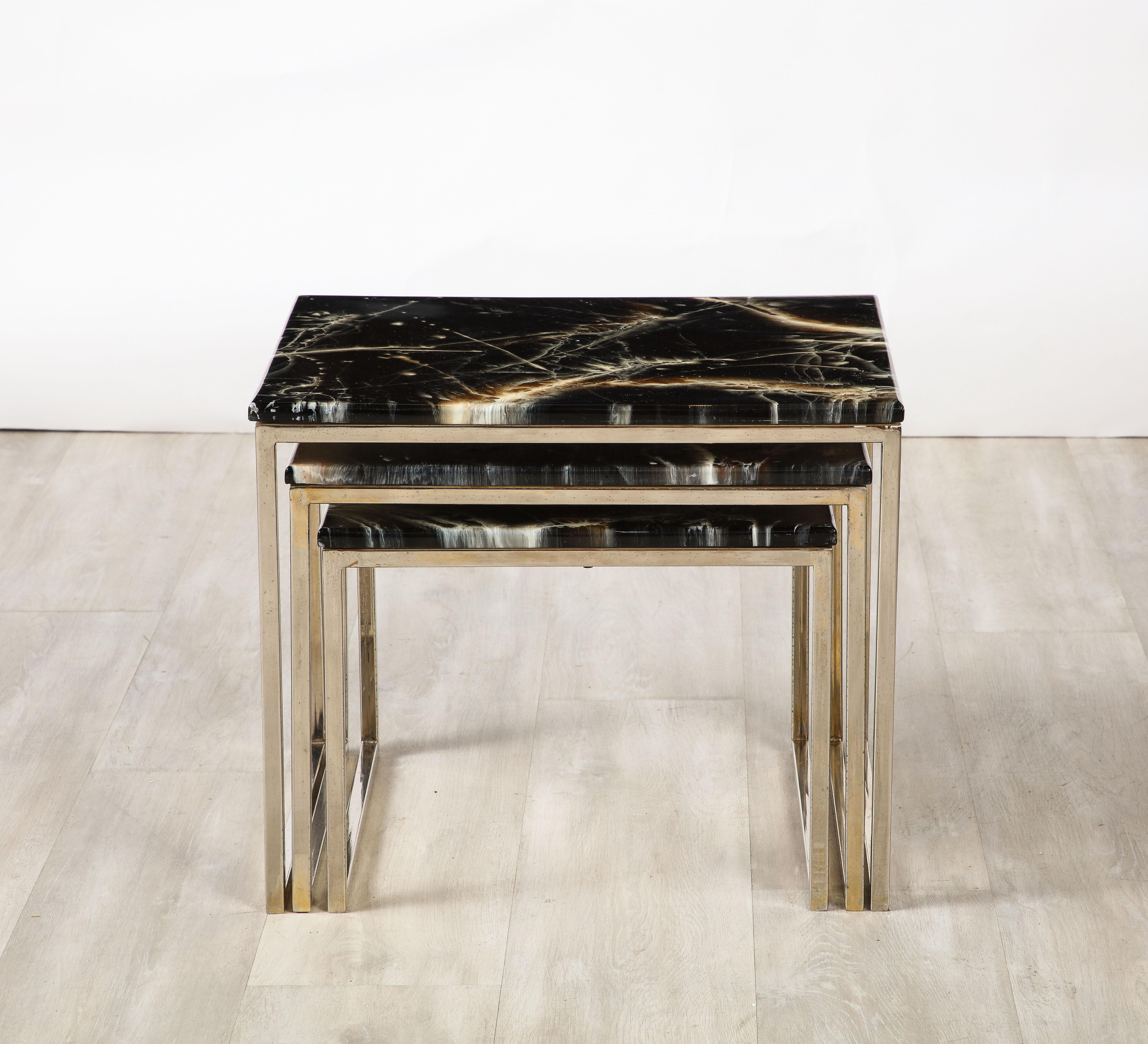 Late 20th Century French 1970's Chrome and Faux Stone Nesting Tables For Sale