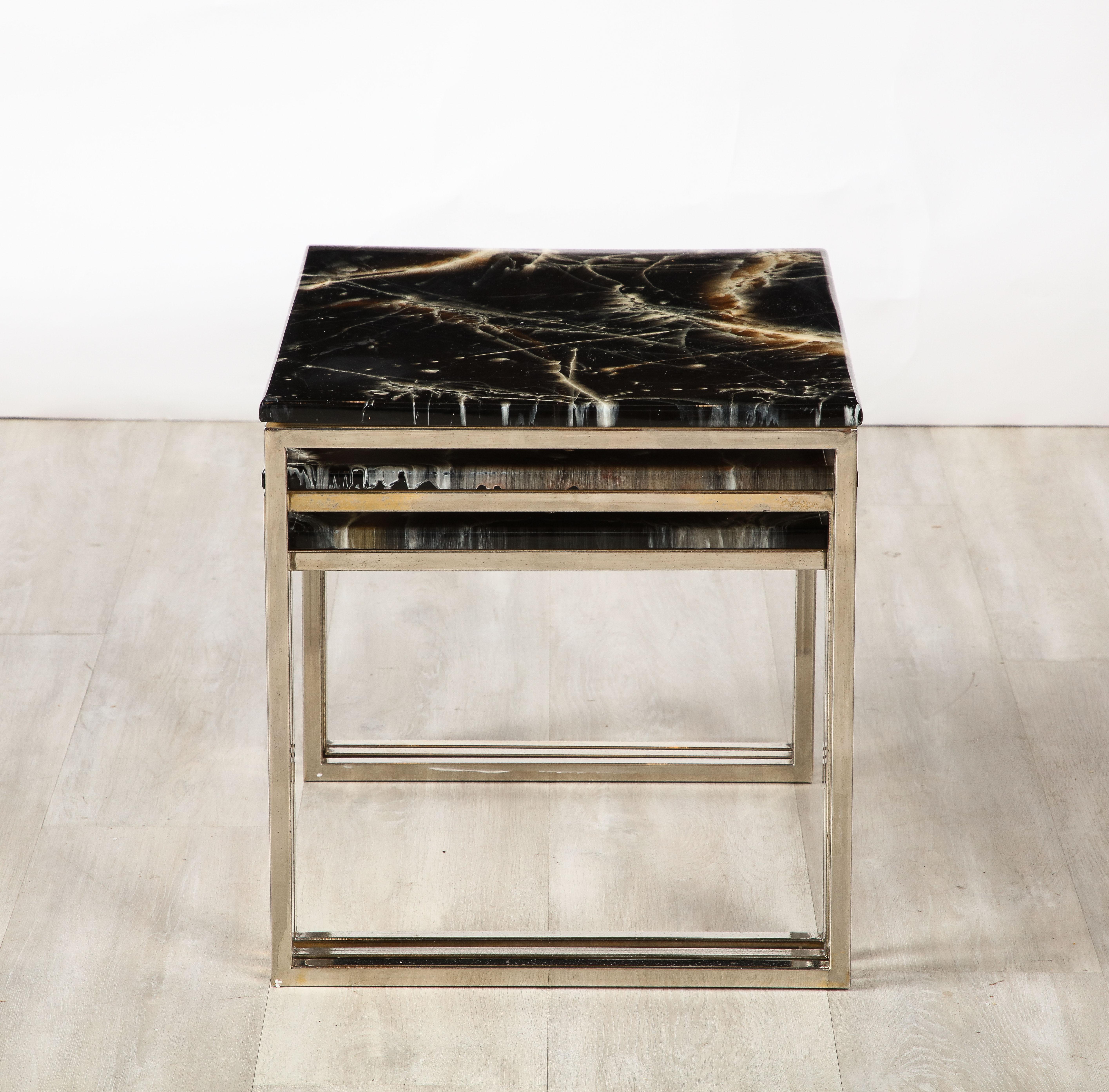 French 1970's Chrome and Faux Stone Nesting Tables For Sale 2