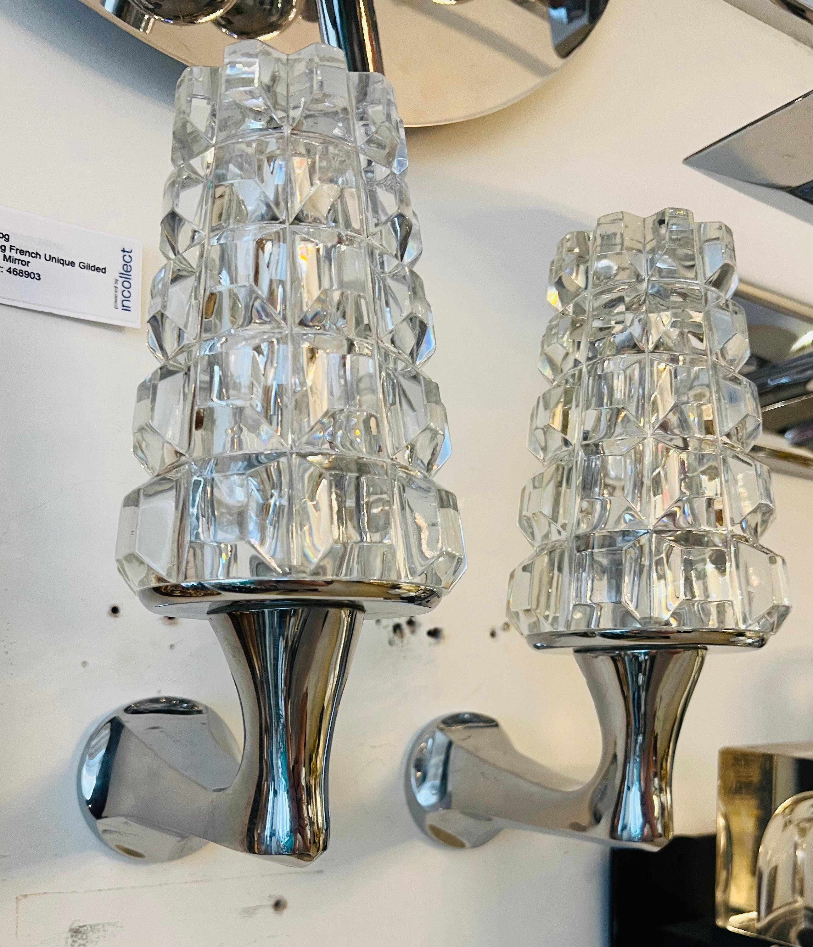 Pair of French 1970s Crystal High Style Wall Lamps Midcentury Sculptural For Sale 2