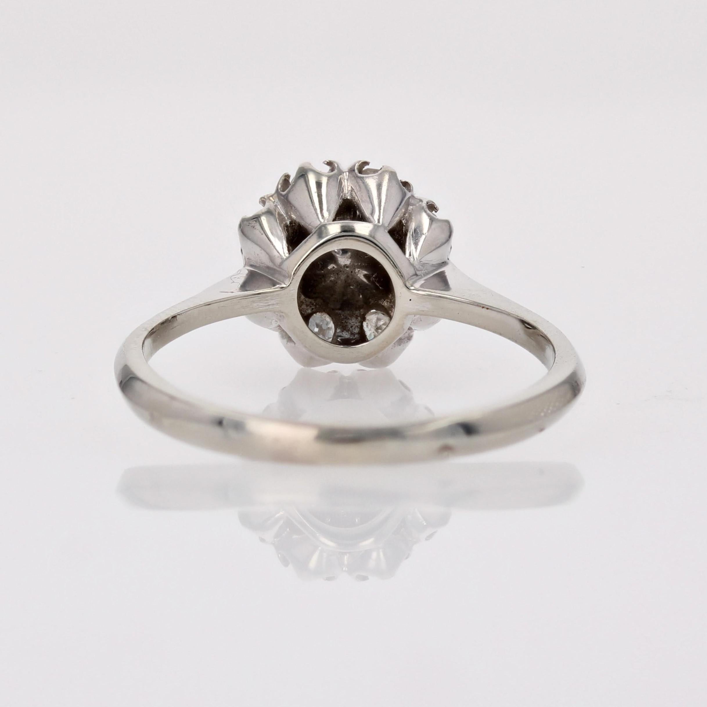 French 1970s Cultured Pearl Diamonds 18 Karat White Gold Daisy Ring For Sale 6