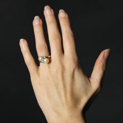 French 1970s Cultured Pearls Diamonds 18 Karat White Gold You and Me Ring