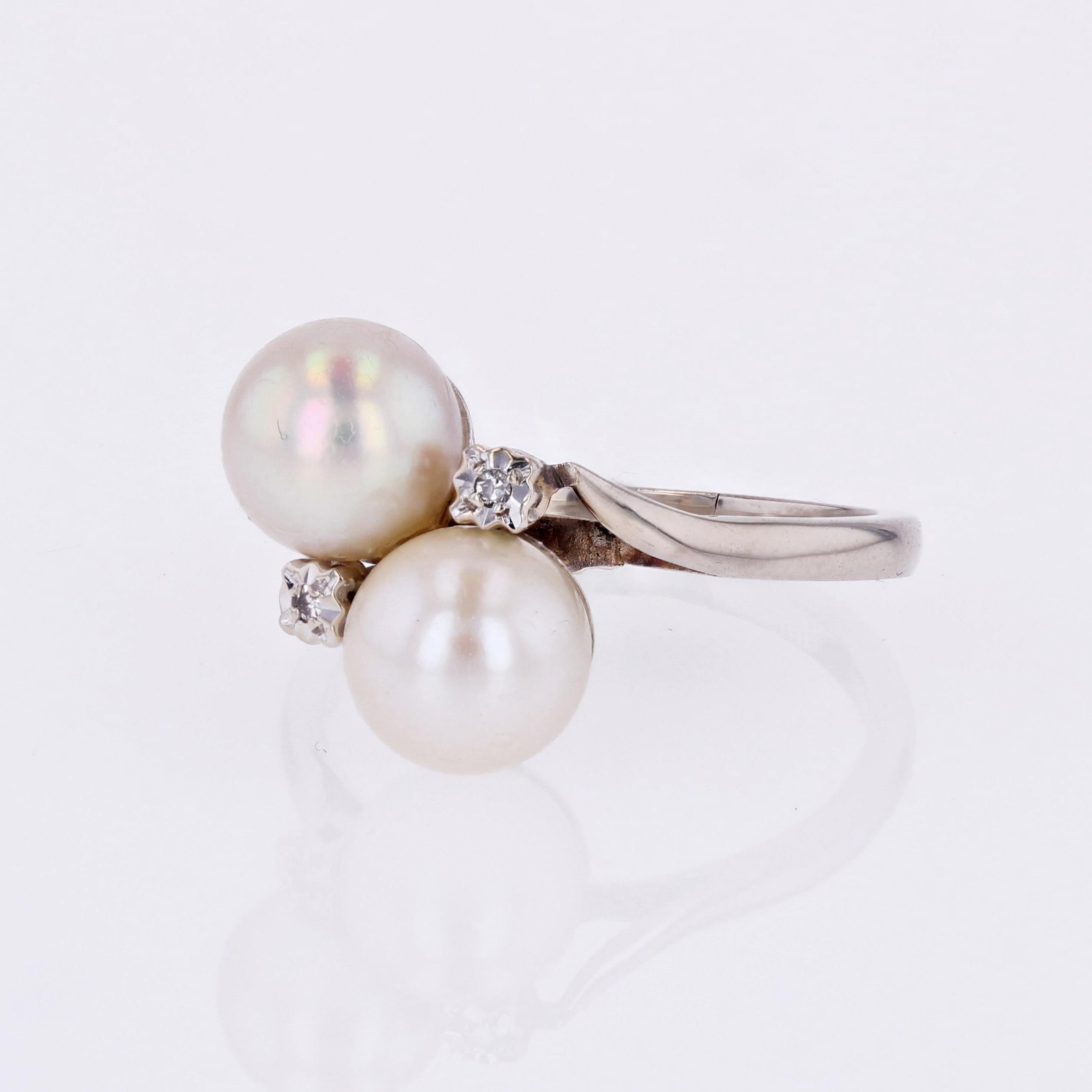 Bead French 1970s Cultured Pearls Diamonds 18 Karat White Gold You and Me Ring For Sale