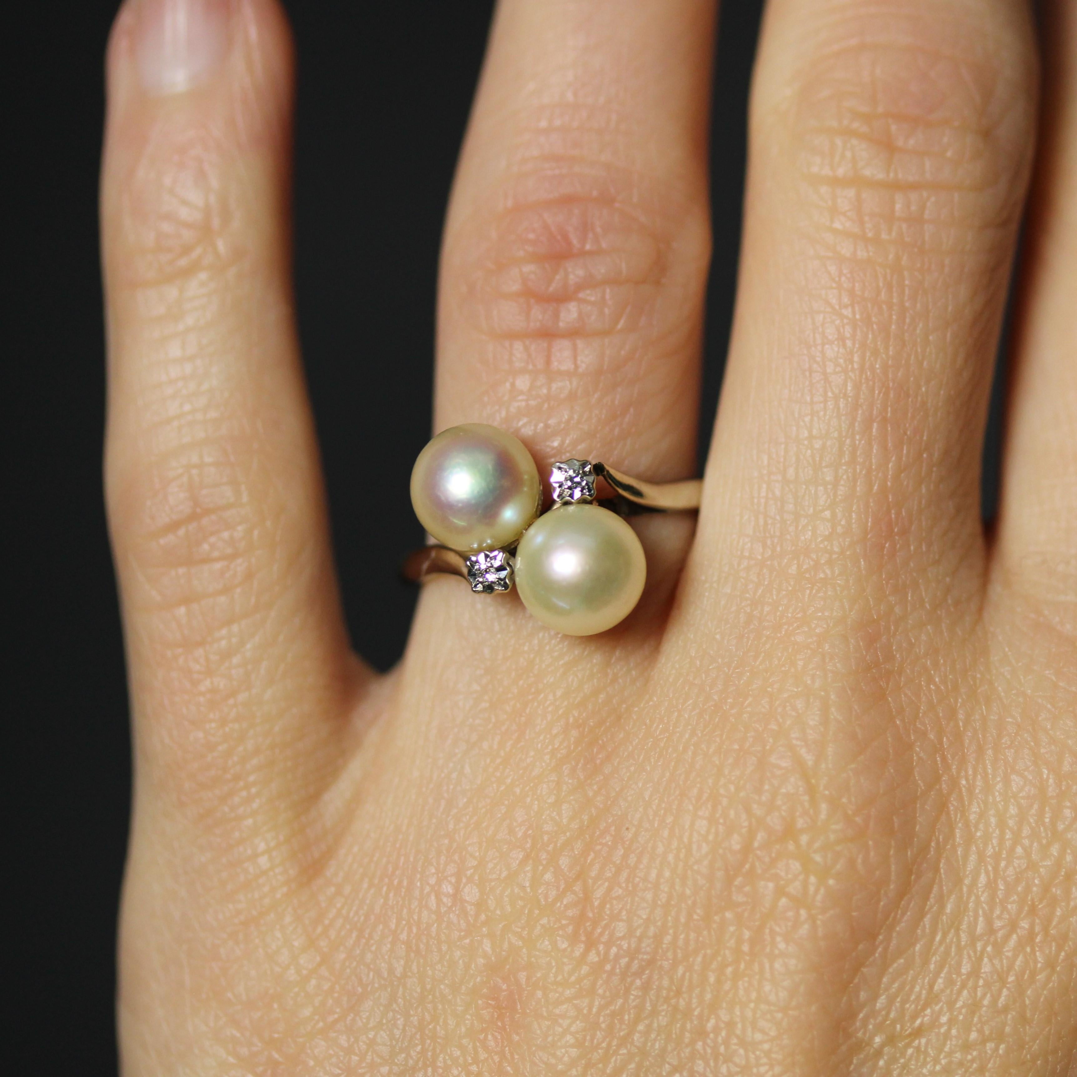 Women's French 1970s Cultured Pearls Diamonds 18 Karat White Gold You and Me Ring For Sale