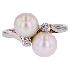 Französischer You and Me-Ring aus 18 Karat Weißgold mit Zuchtperlen und Diamanten, 1970er Jahre