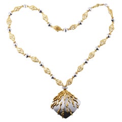 French 1970s Diamond Gold Pendant Necklace