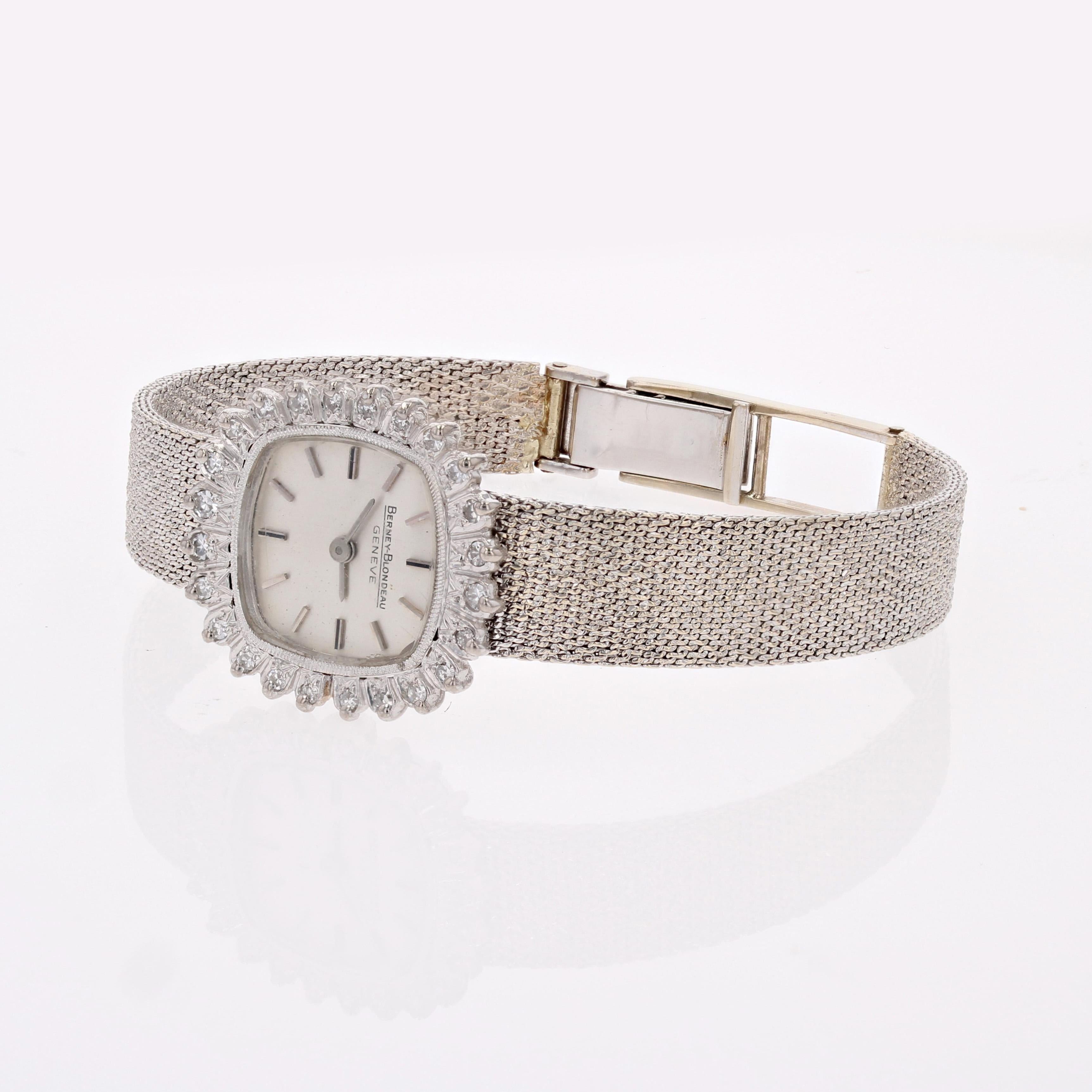 Rétro Orologio da donna Berney Blondeau in oro bianco 18 carati con diamanti francese degli anni '70