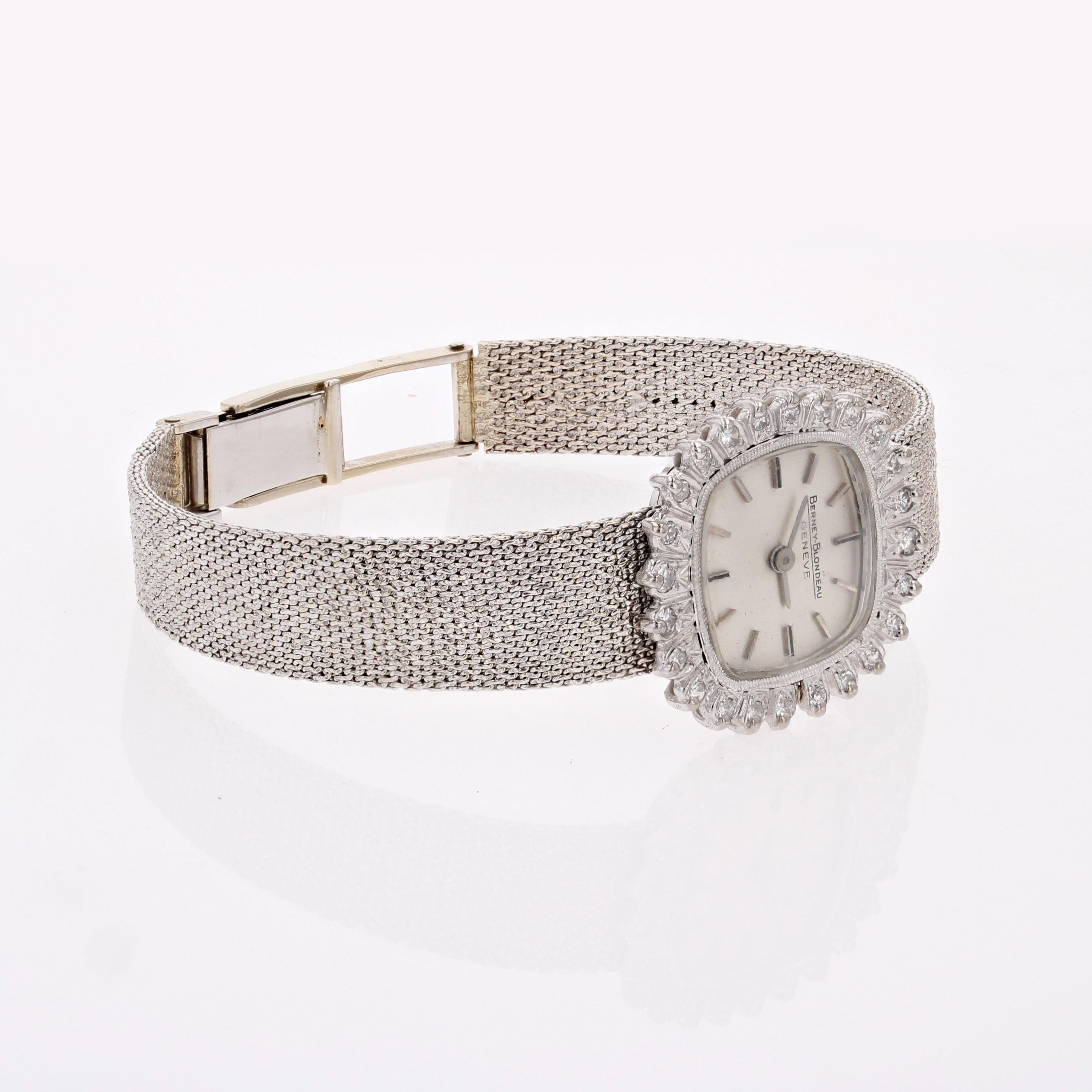 Taglio brillante Orologio da donna Berney Blondeau in oro bianco 18 carati con diamanti francese degli anni '70