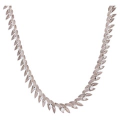 Vintage French 1970s Diamonds 18 Karat White Gold Feather Necklace