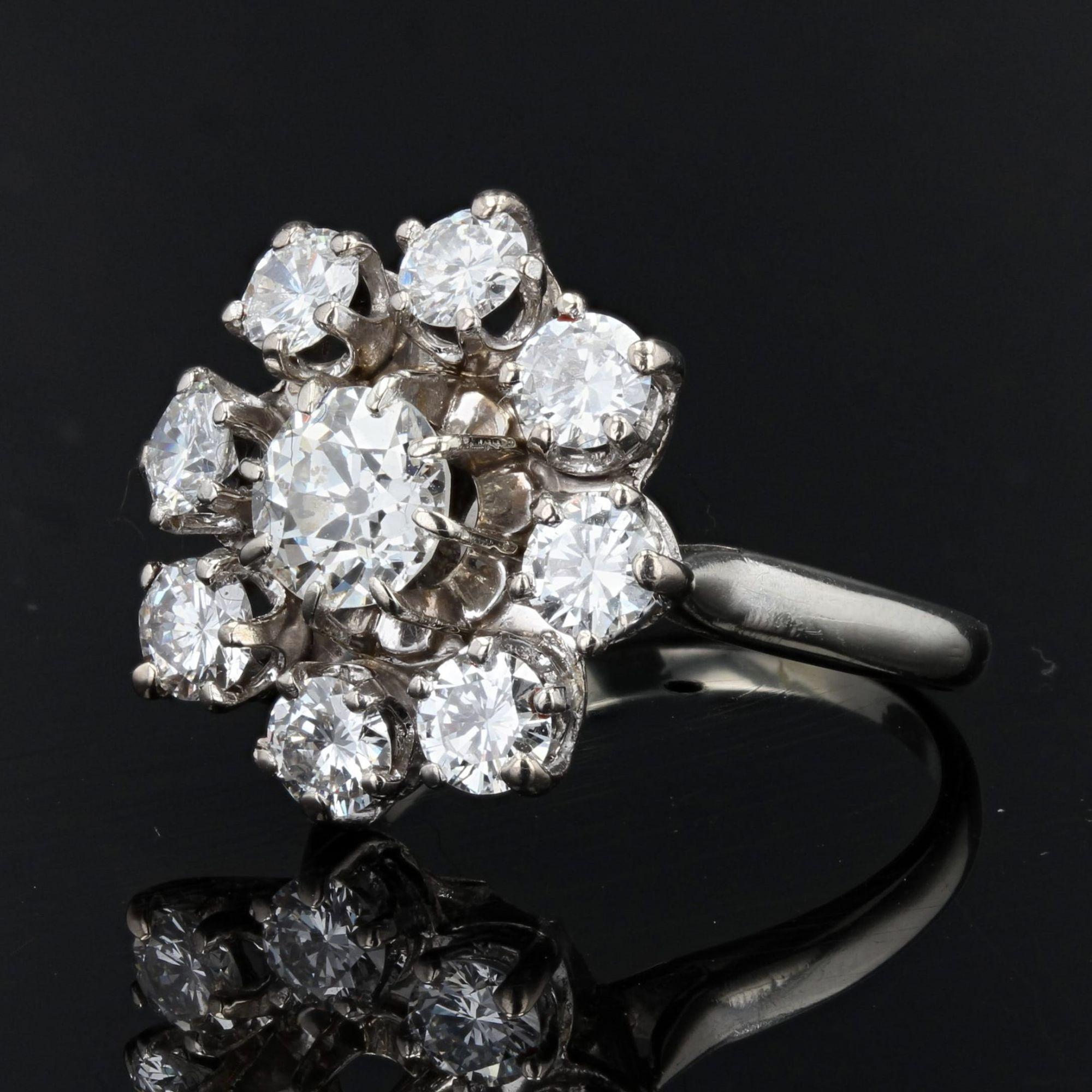 Brilliant Cut French 1970s Diamonds 18 Karat White Gold Flower Ring