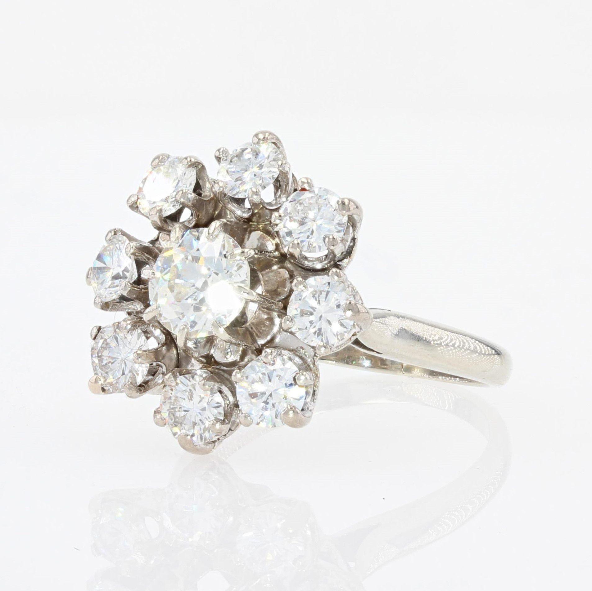 Women's French 1970s Diamonds 18 Karat White Gold Flower Ring