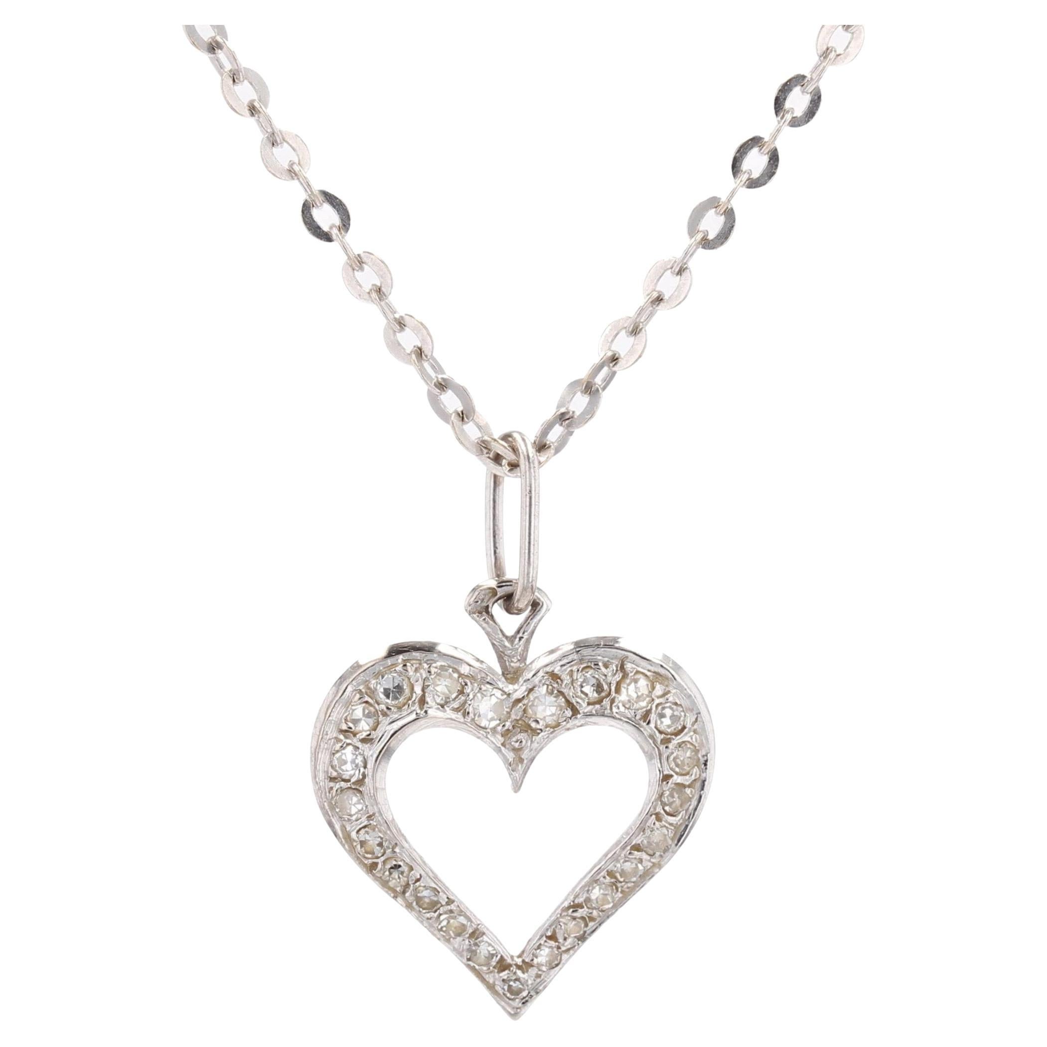 Collana con ciondolo a cuore e catena in oro bianco 18 carati con diamanti francesi degli anni '70