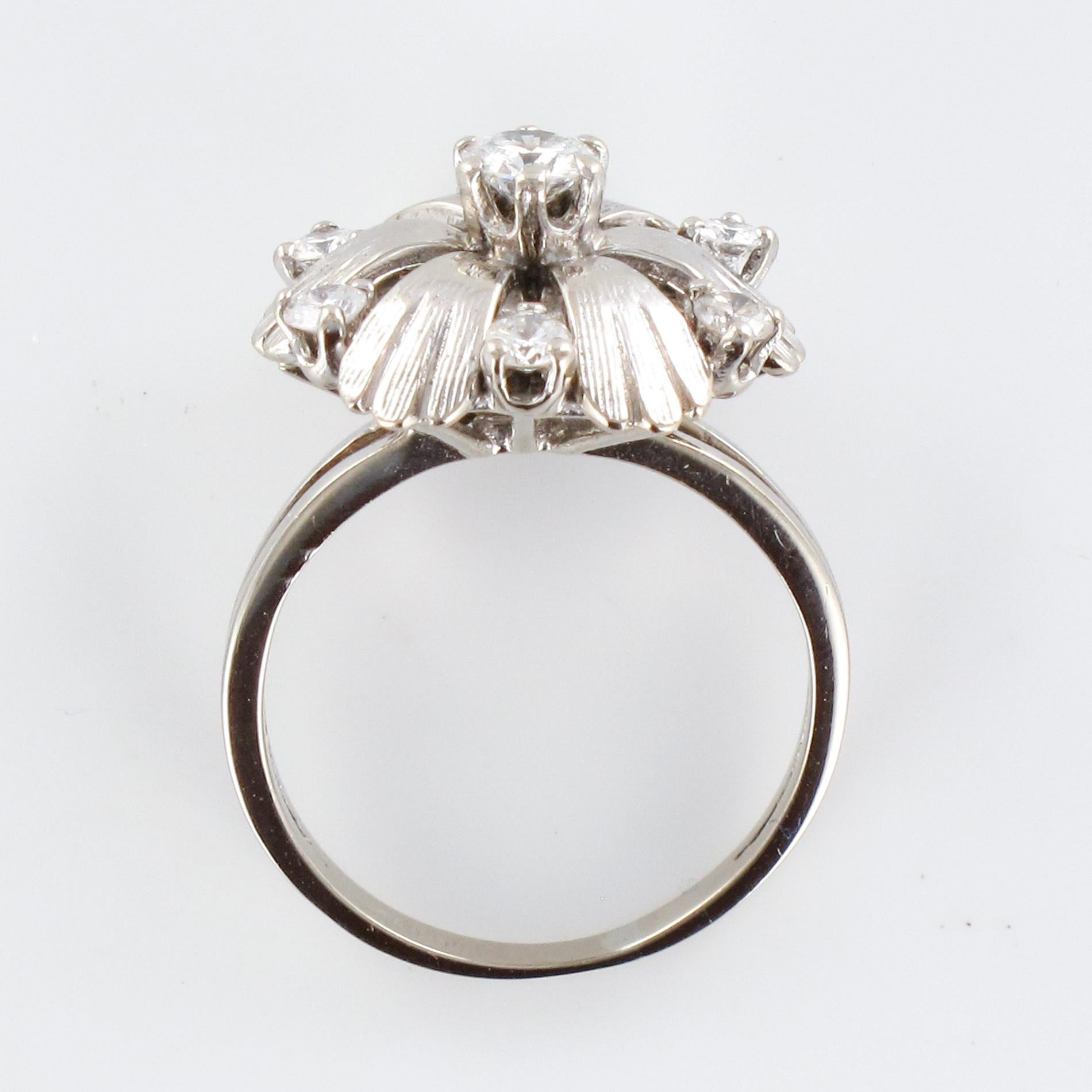 French 1970s Diamonds 18 Karat White Gold Petals Ring For Sale 8