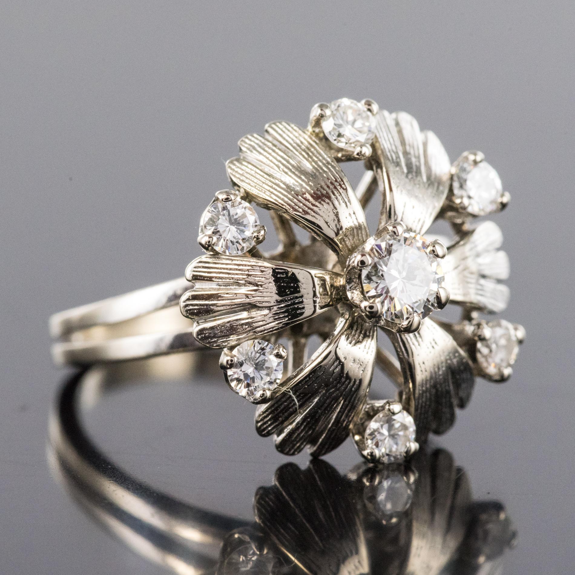 Brilliant Cut French 1970s Diamonds 18 Karat White Gold Petals Ring For Sale