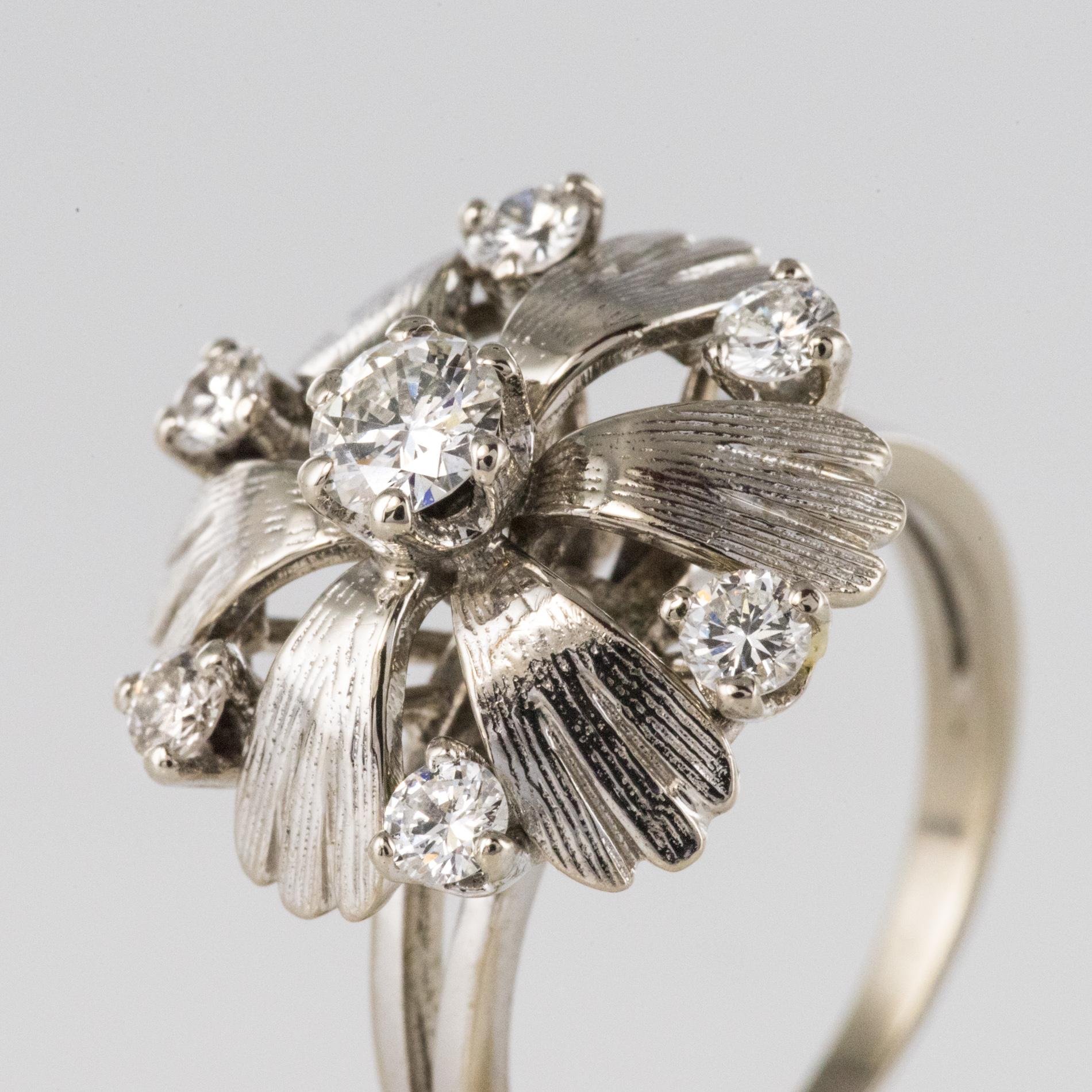 Women's French 1970s Diamonds 18 Karat White Gold Petals Ring For Sale