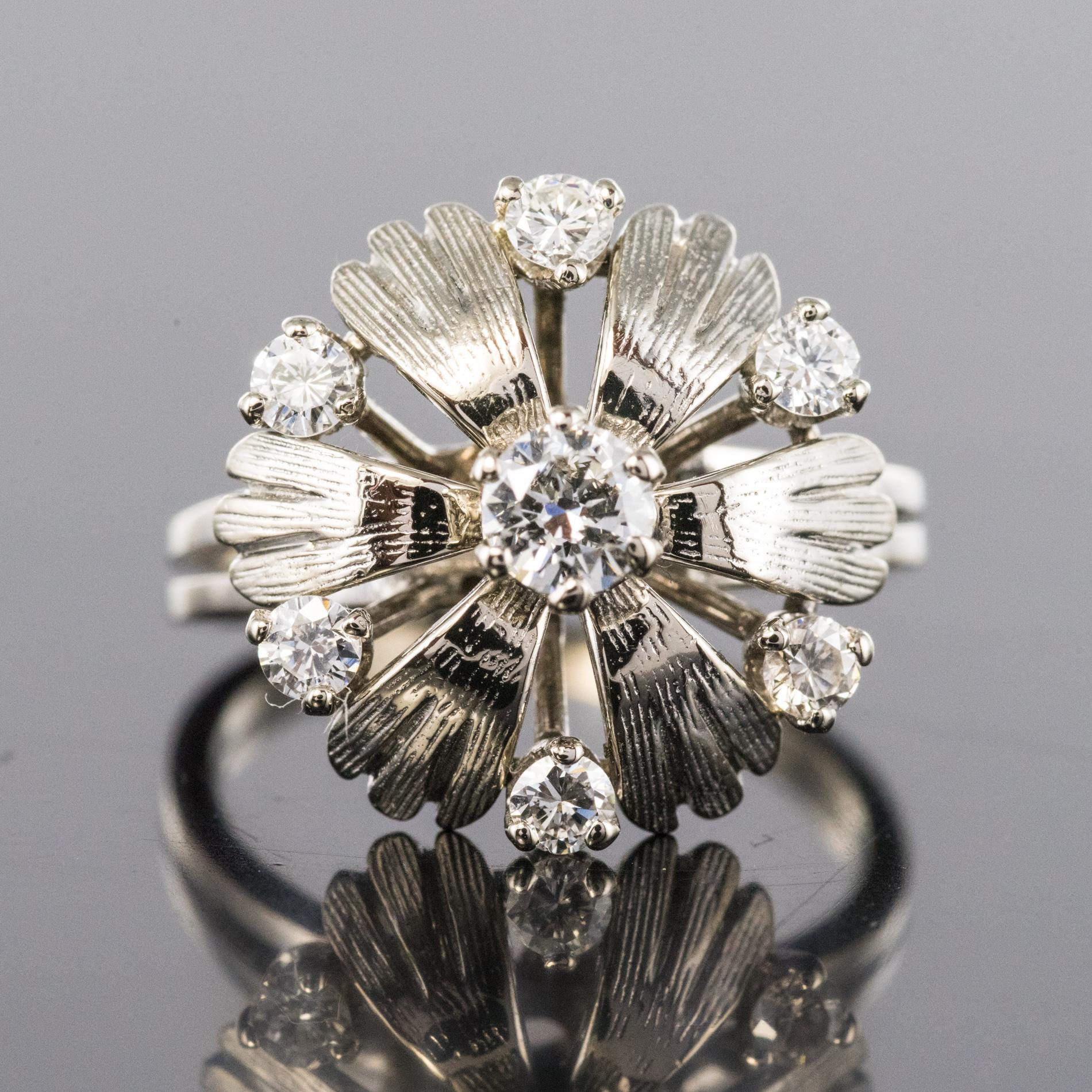 French 1970s Diamonds 18 Karat White Gold Petals Ring For Sale 2