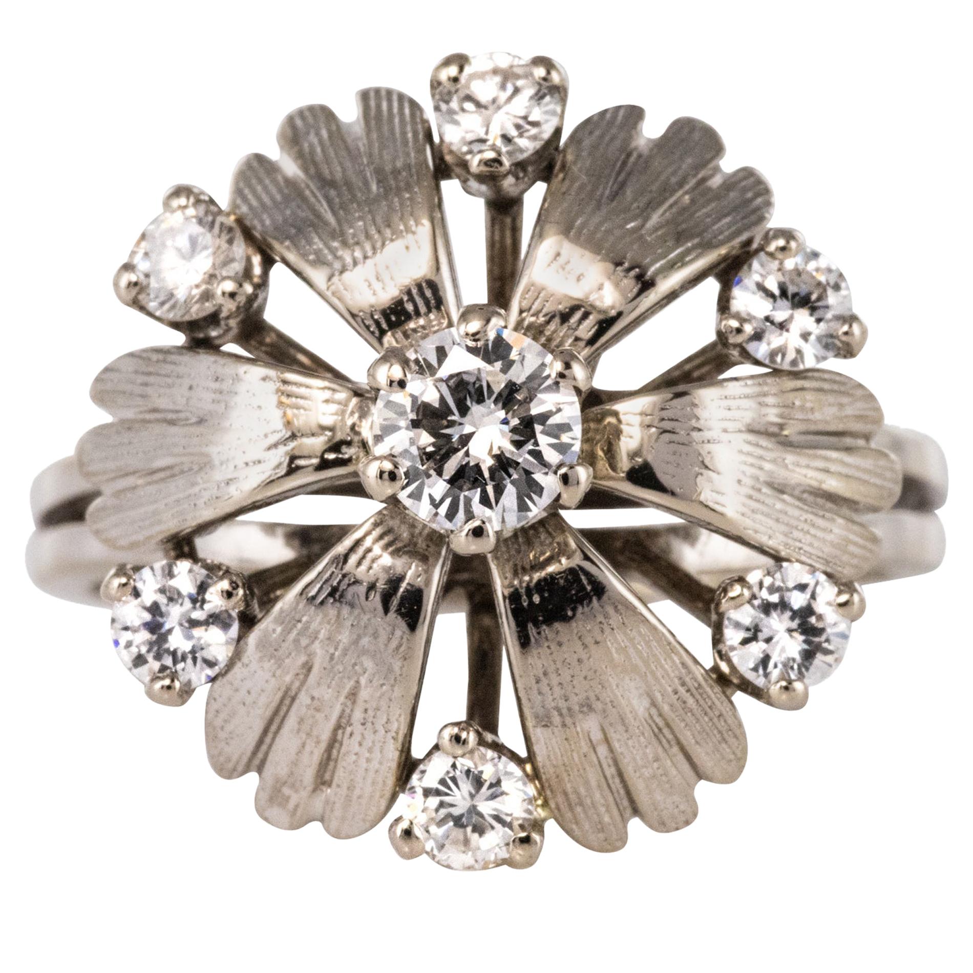 French 1970s Diamonds 18 Karat White Gold Petals Ring