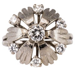 Retro French 1970s Diamonds 18 Karat White Gold Petals Ring