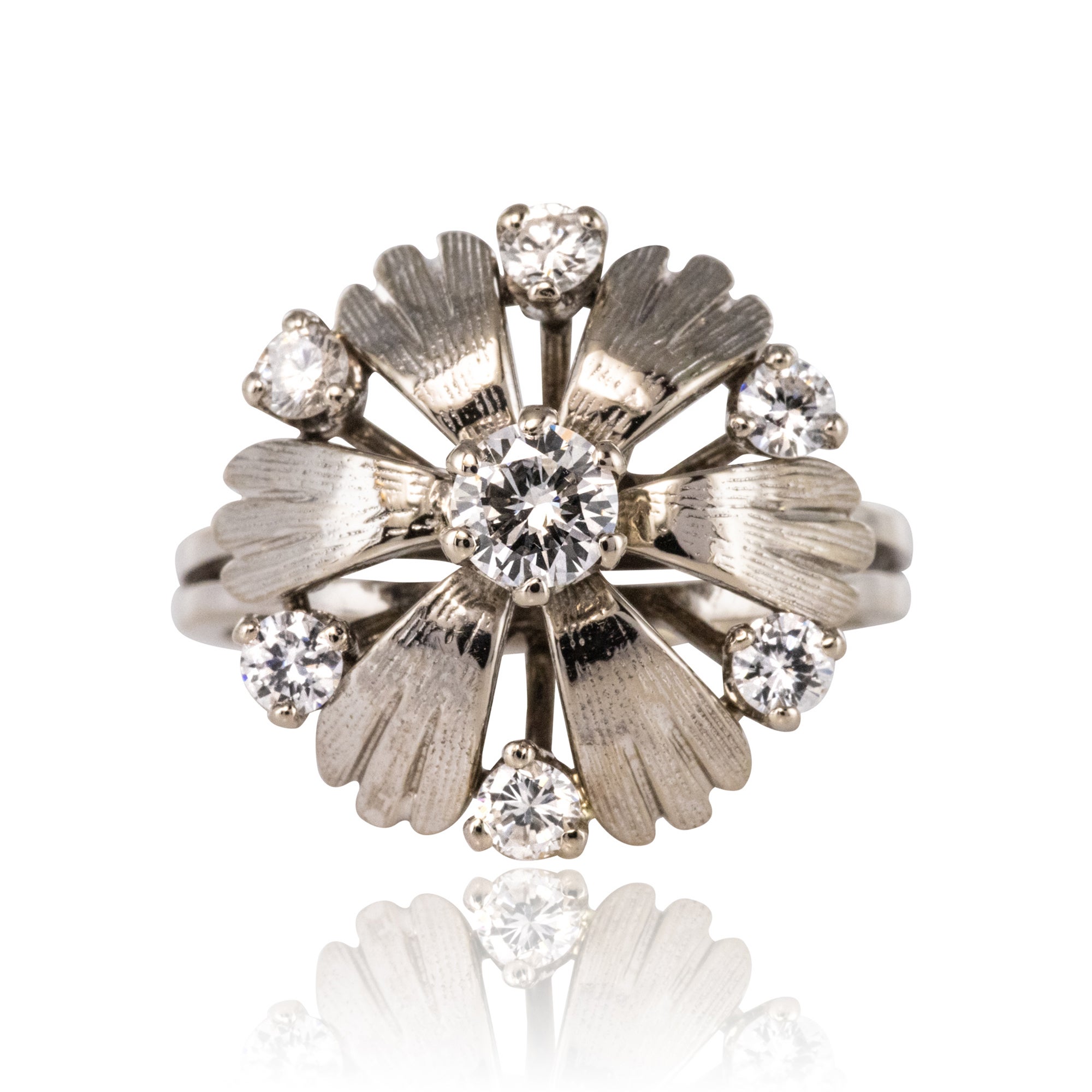 French 1970s Diamonds 18 Karat White Gold Petals Ring For Sale
