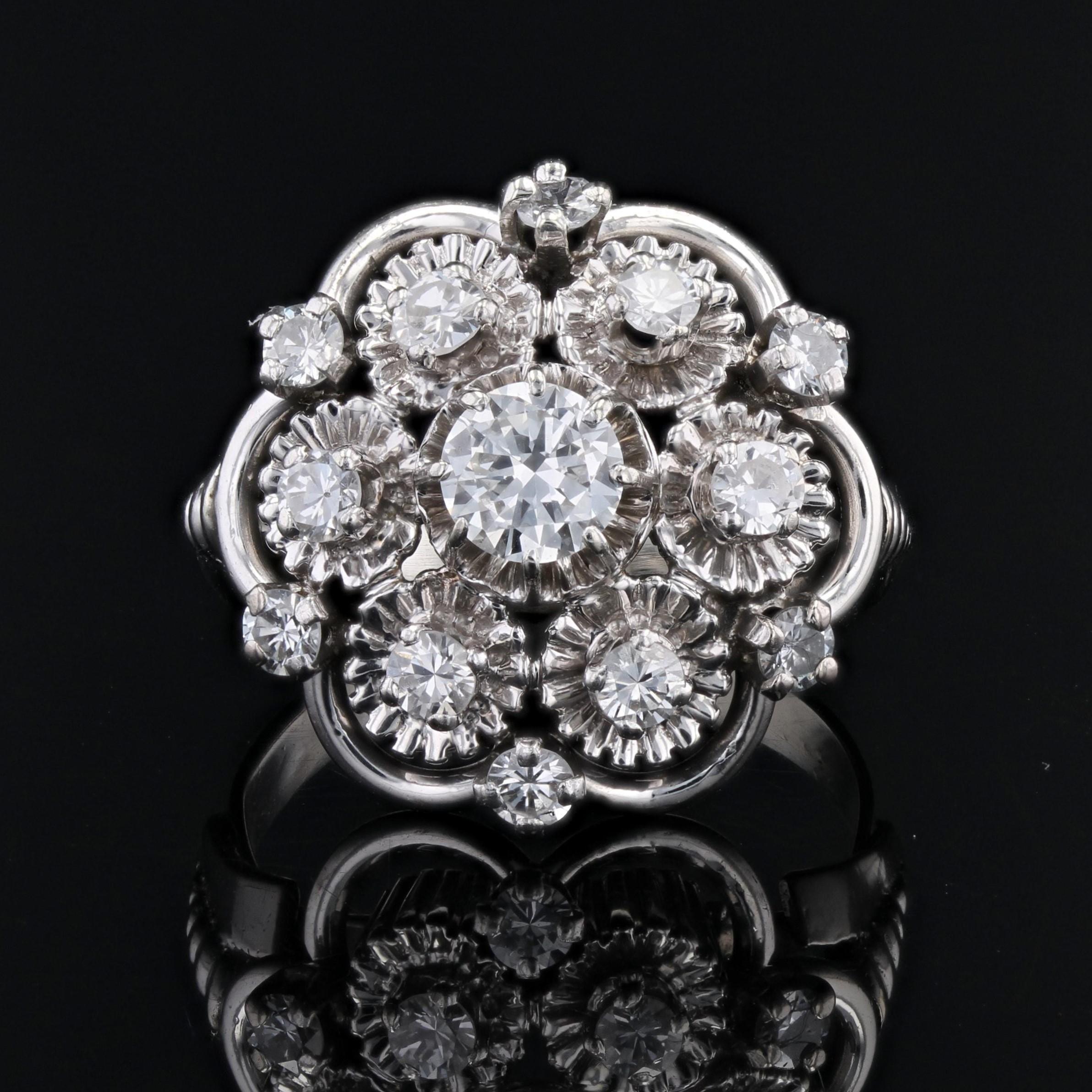 Women's French 1970s Diamonds 18 Karat White Gold Retro Daisy Ring For Sale
