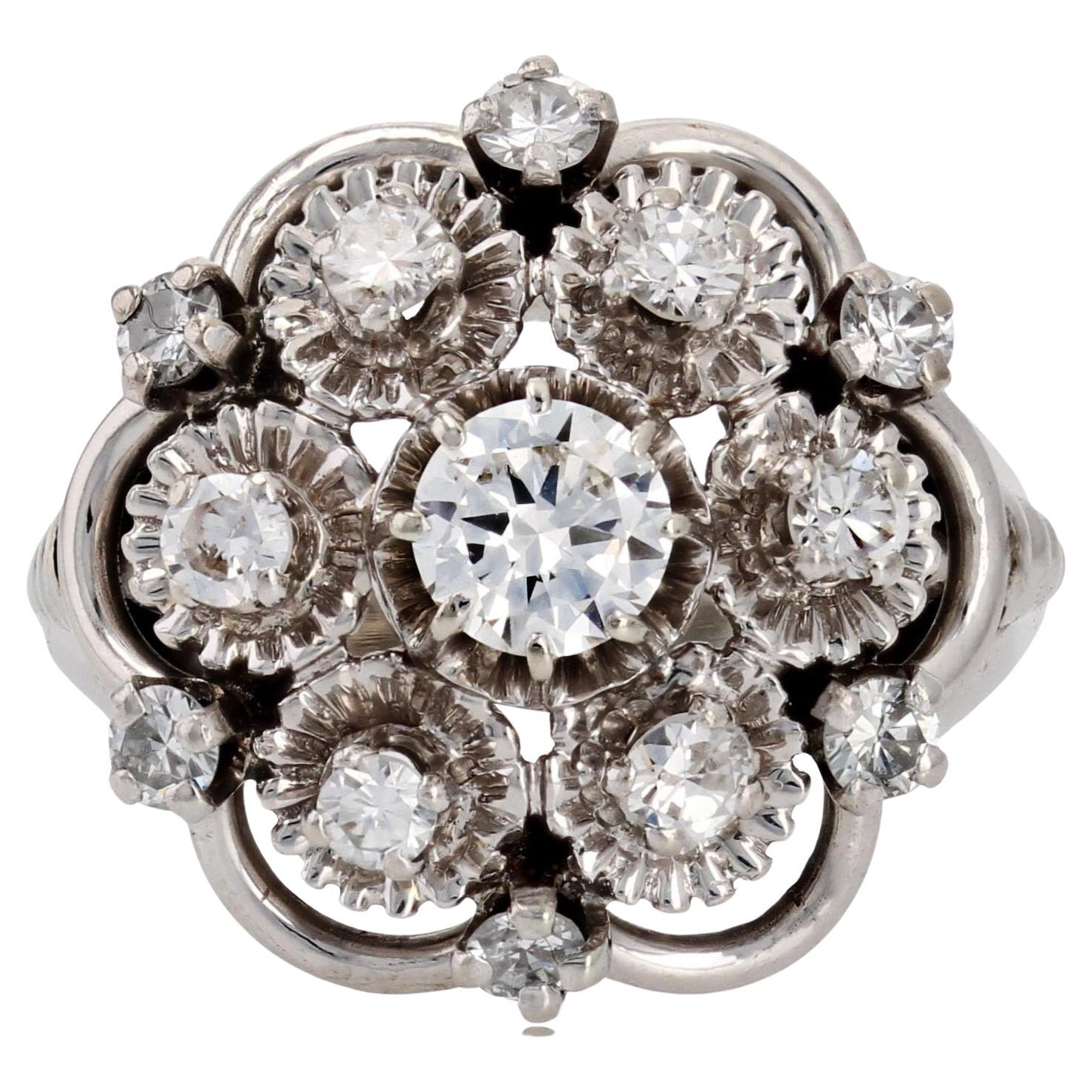 French 1970s Diamonds 18 Karat White Gold Retro Daisy Ring For Sale