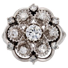 French 1970s Diamonds 18 Karat White Gold Retro Daisy Ring