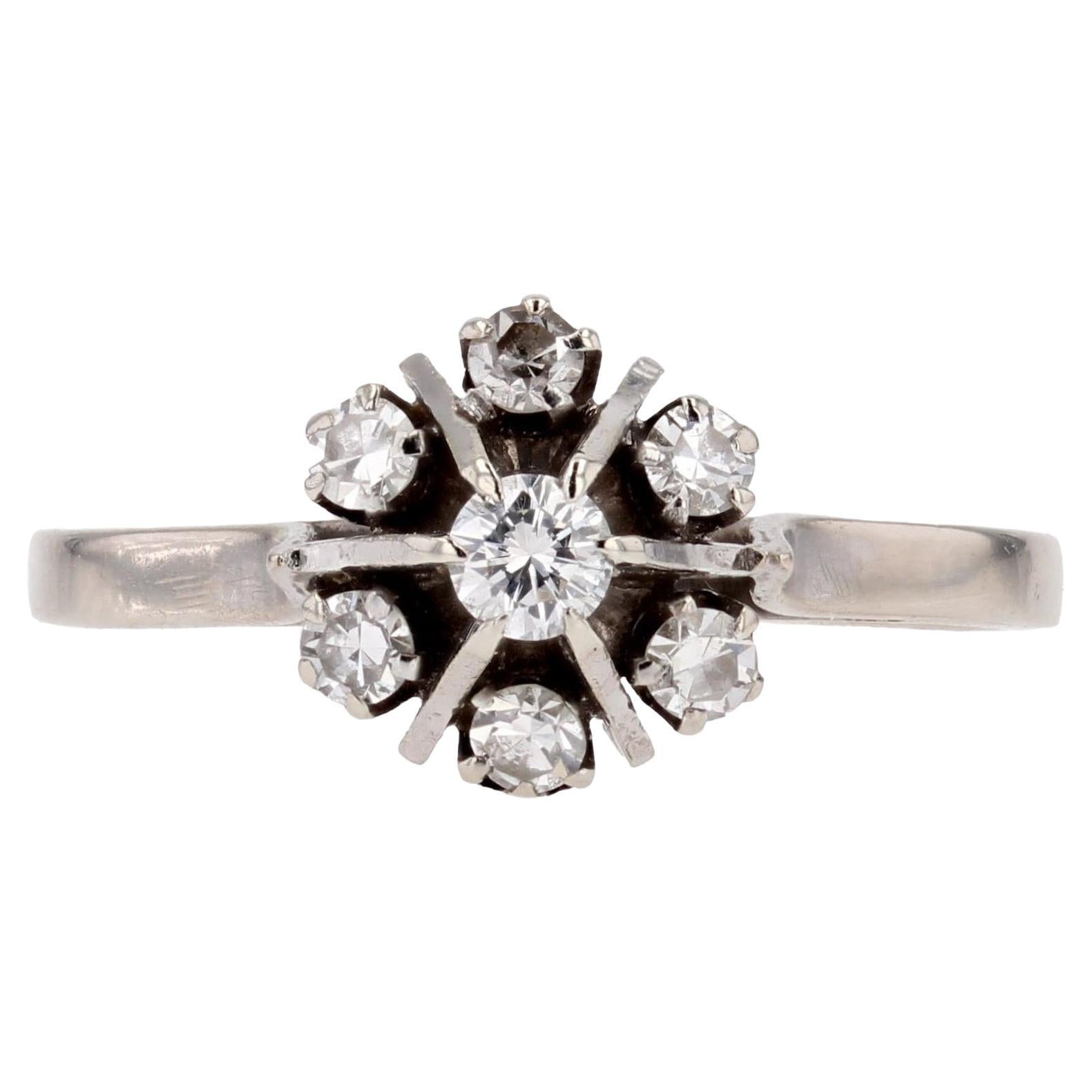 French 1970s Retro Emerald Diamond 18 Karat White Gold Daisy Ring For ...