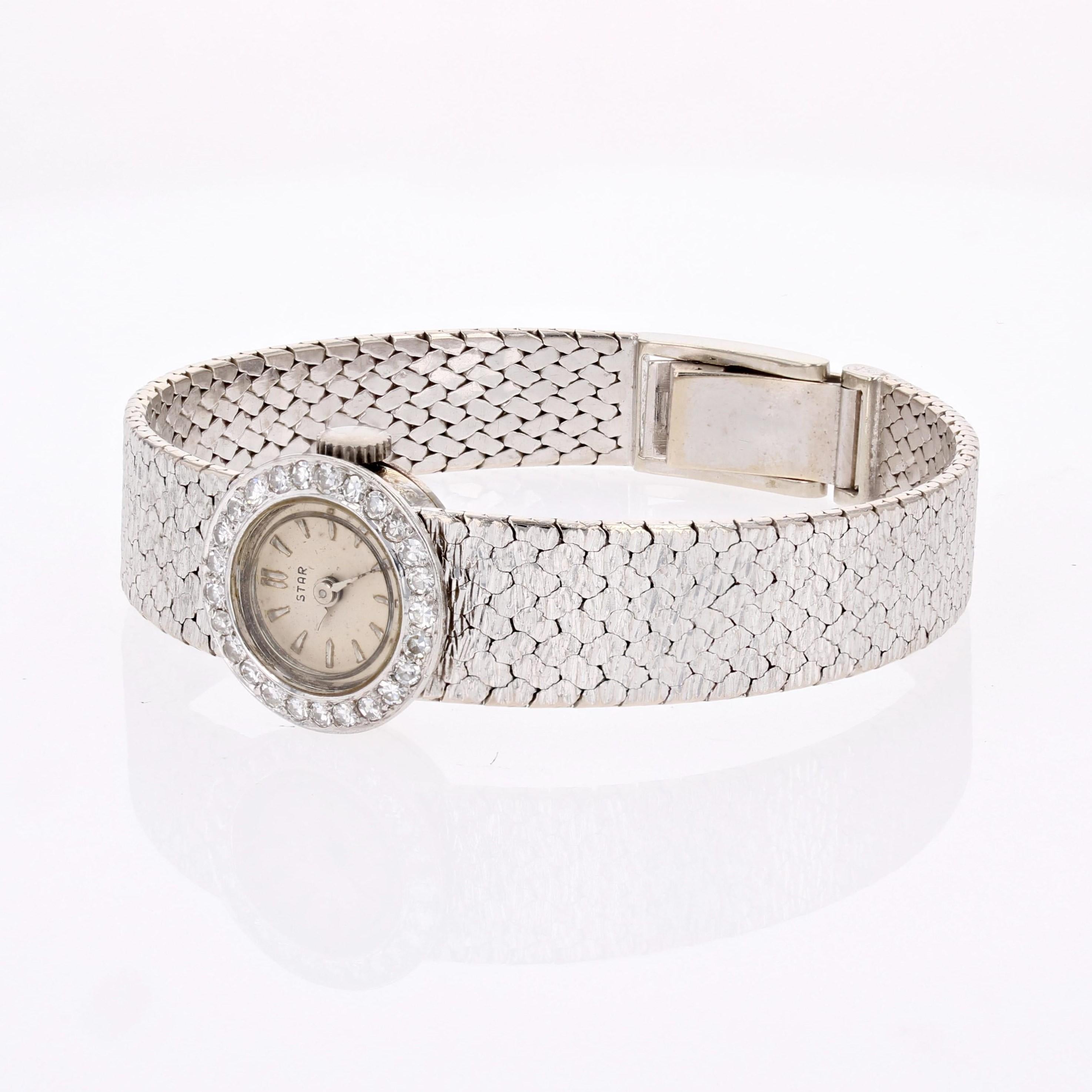 Women's French 1970s Diamonds 18 Karat White Gold Star Lady's Watch For Sale