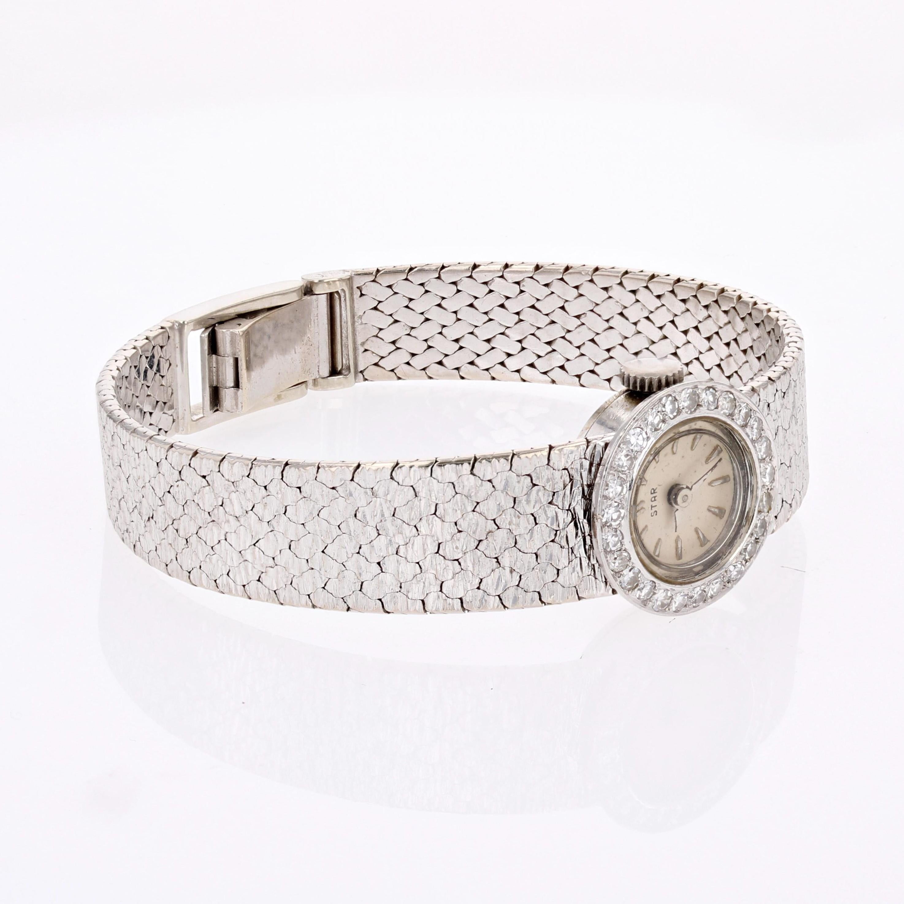 French 1970s Diamonds 18 Karat White Gold Star Lady's Watch For Sale 1
