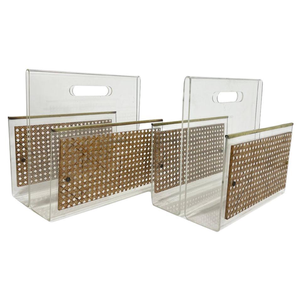 French 1970s Dior Home Lucite and Cane Magazine Holders