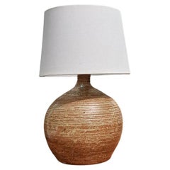 French 1970s Earthenware Ceramic Table Lamp — Speckled Brown Rustic Glaze