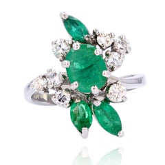 French 1970s Emerald Diamond 18 Carat White Gold Ring