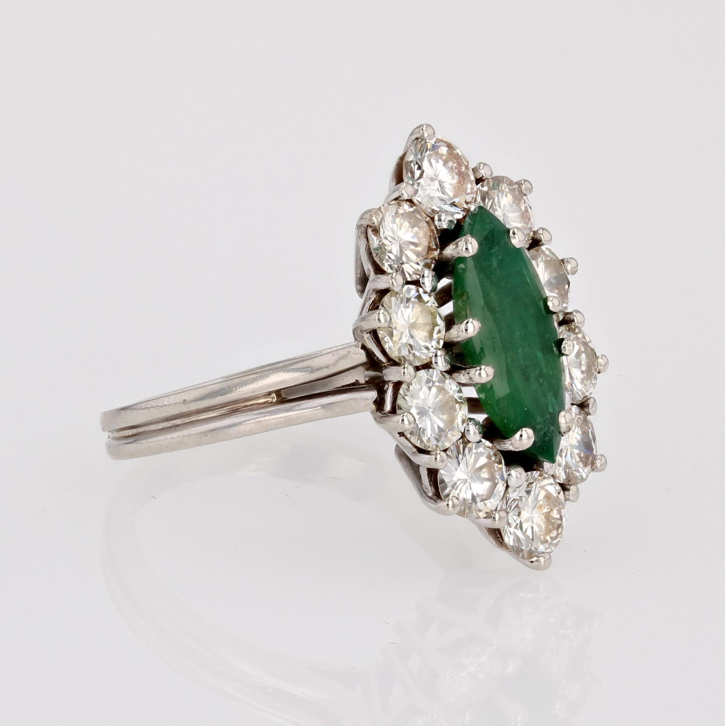 French 1970s Emerald Diamonds 18 Karat White Gold Marquise Ring For Sale 4