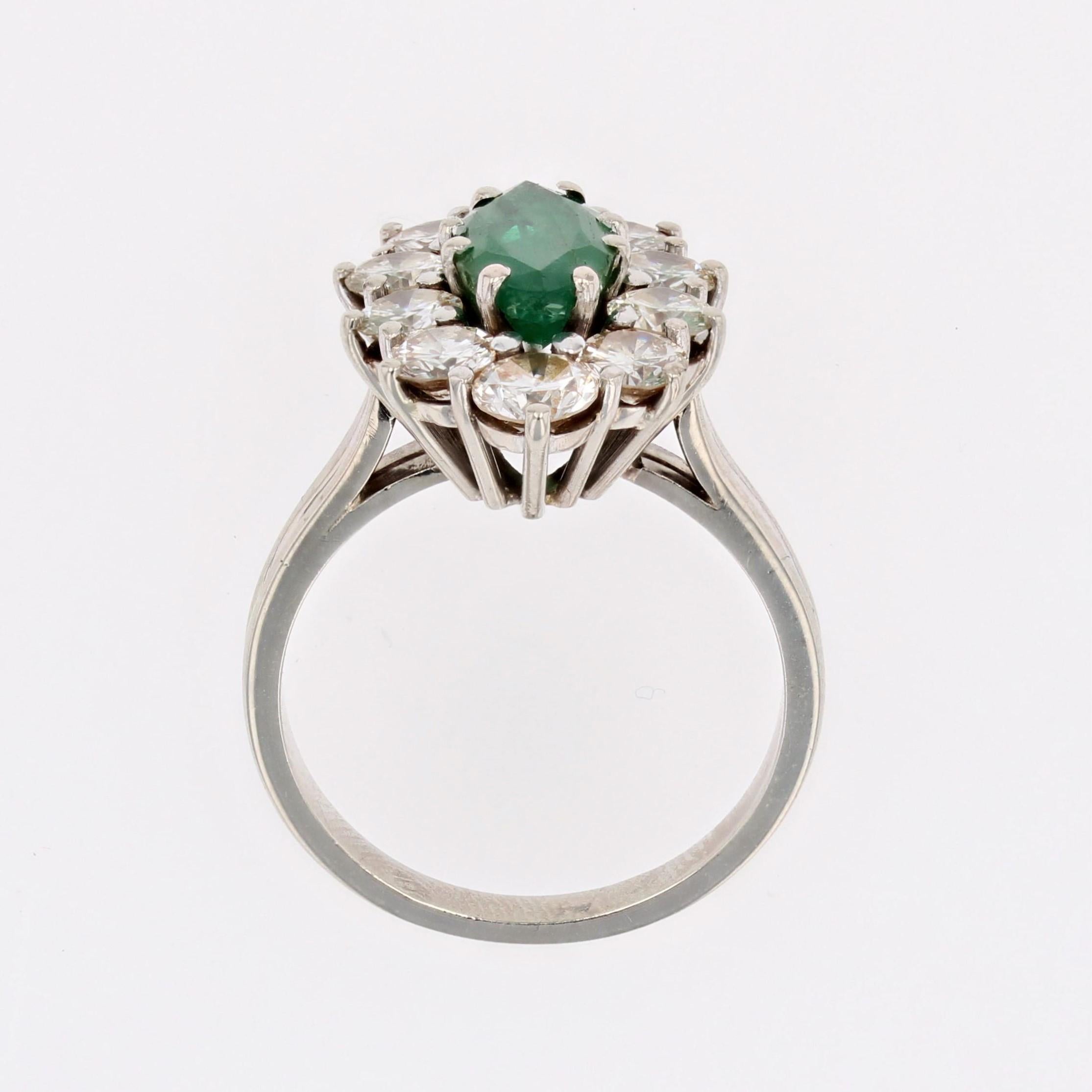 French 1970s Emerald Diamonds 18 Karat White Gold Marquise Ring For Sale 6