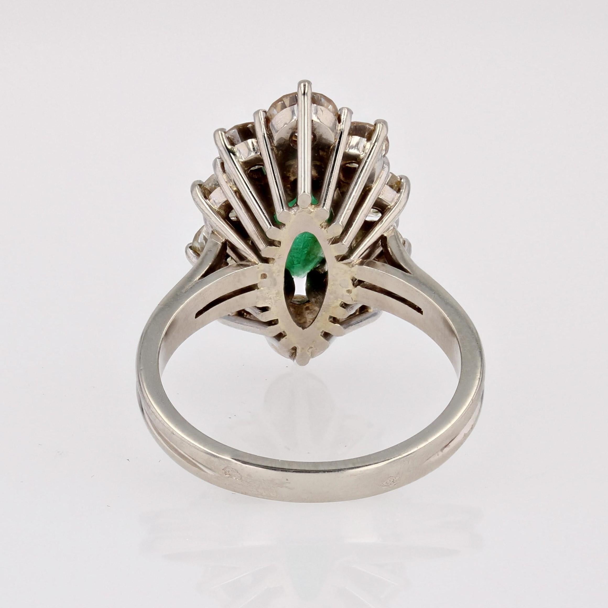 French 1970s Emerald Diamonds 18 Karat White Gold Marquise Ring For Sale 7