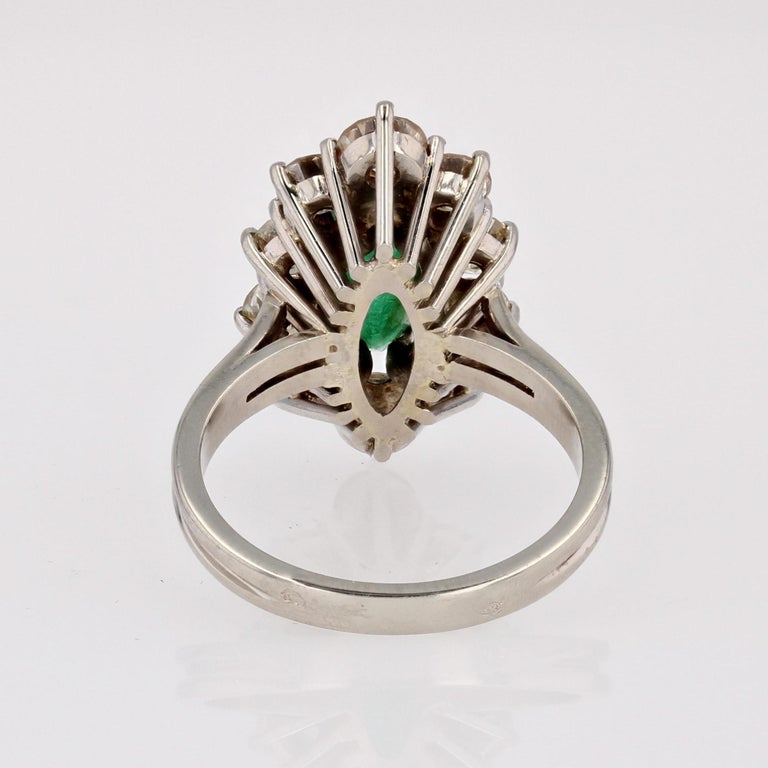 French 1970s Emerald Diamonds 18 Karat White Gold Marquise Ring For ...