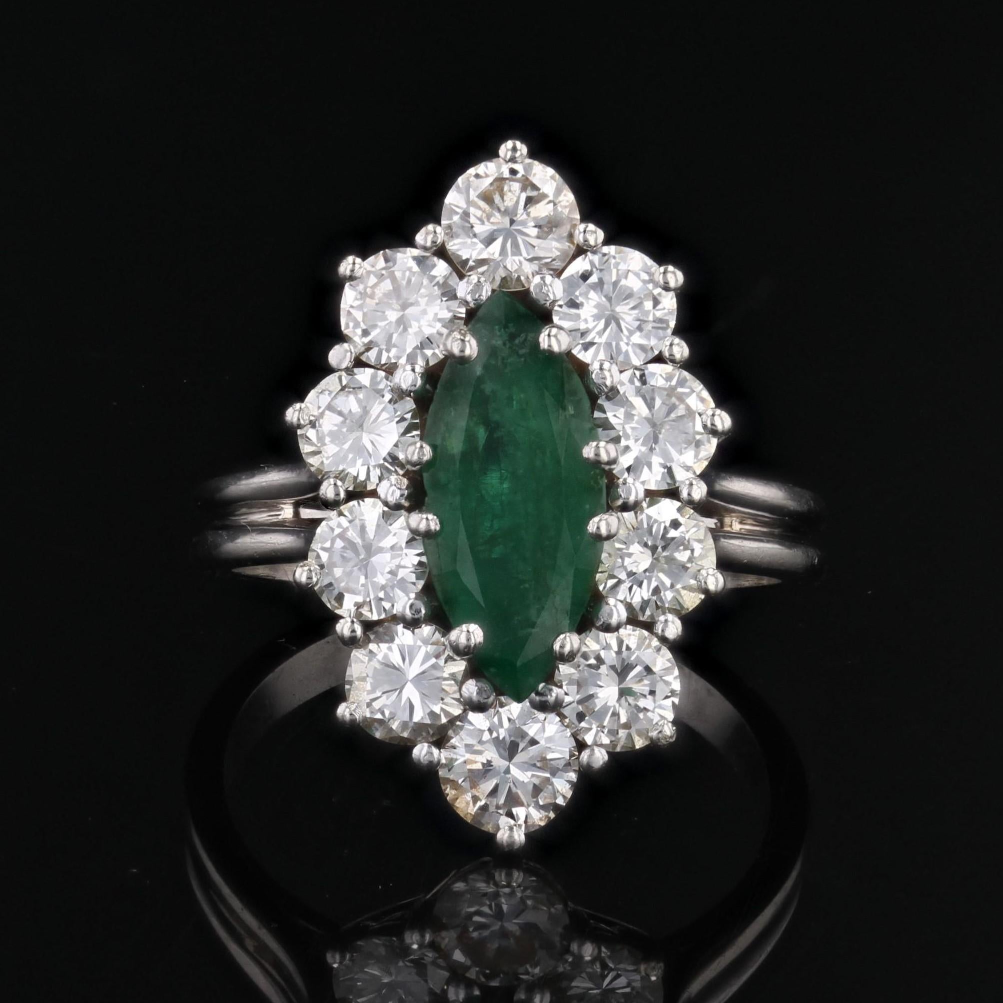 Retro French 1970s Emerald Diamonds 18 Karat White Gold Marquise Ring For Sale