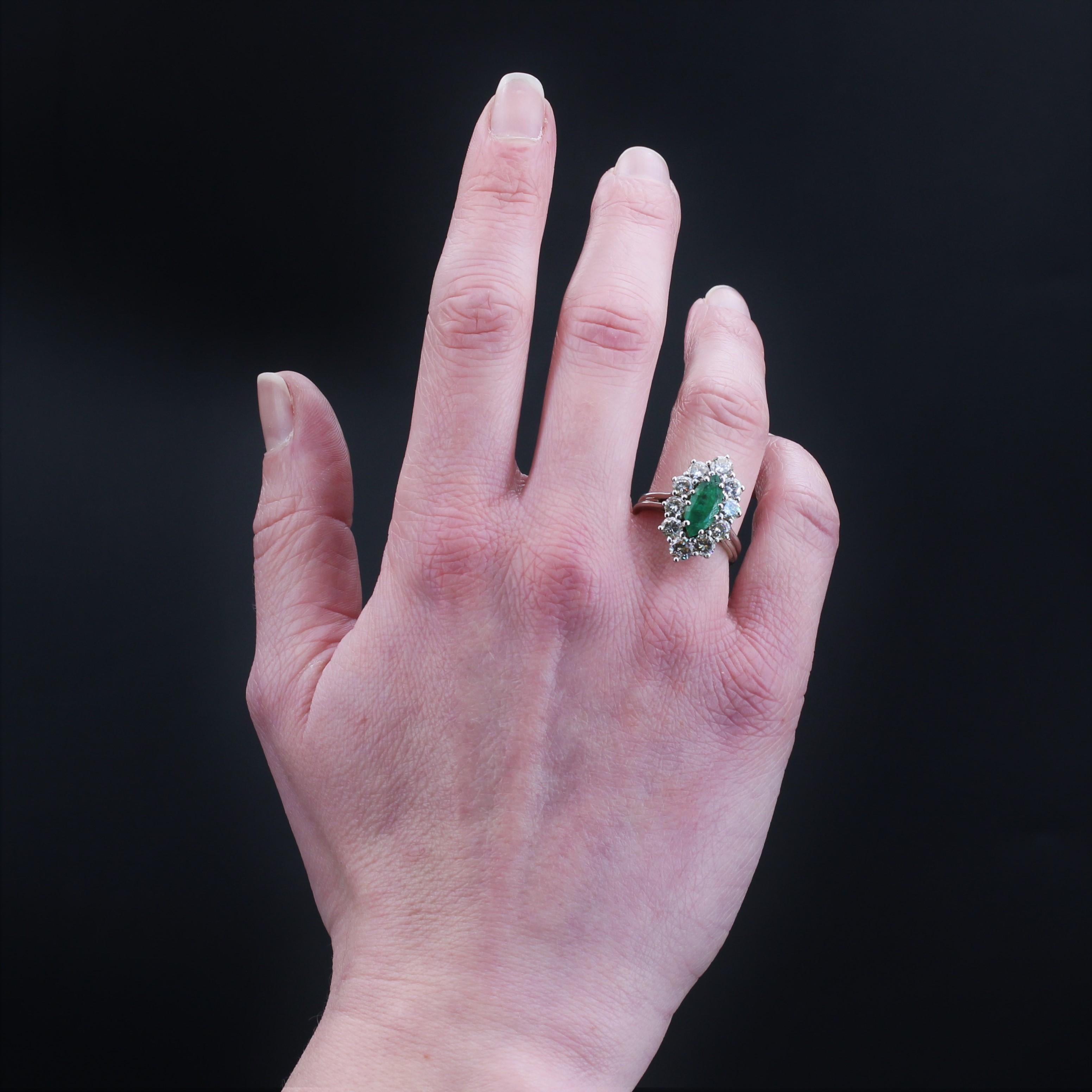 Marquise Cut French 1970s Emerald Diamonds 18 Karat White Gold Marquise Ring For Sale