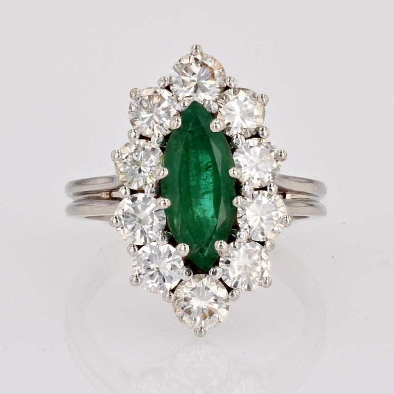 French 1970s Emerald Diamonds 18 Karat White Gold Marquise Ring For ...