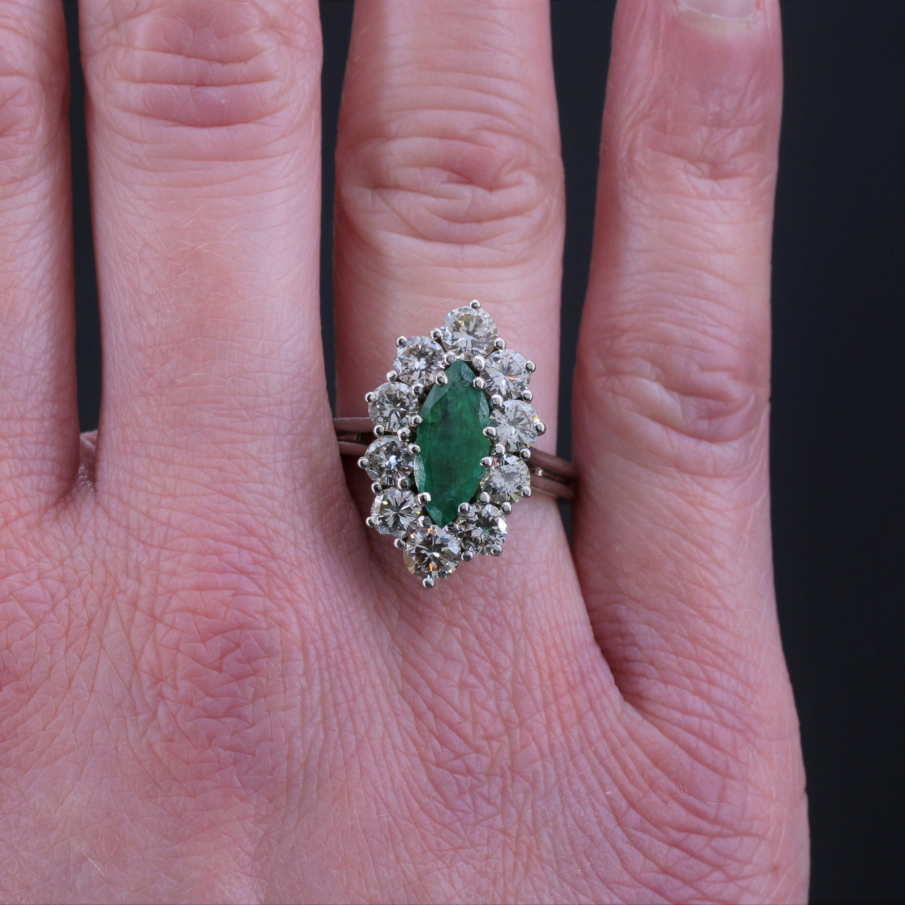 Women's French 1970s Emerald Diamonds 18 Karat White Gold Marquise Ring For Sale