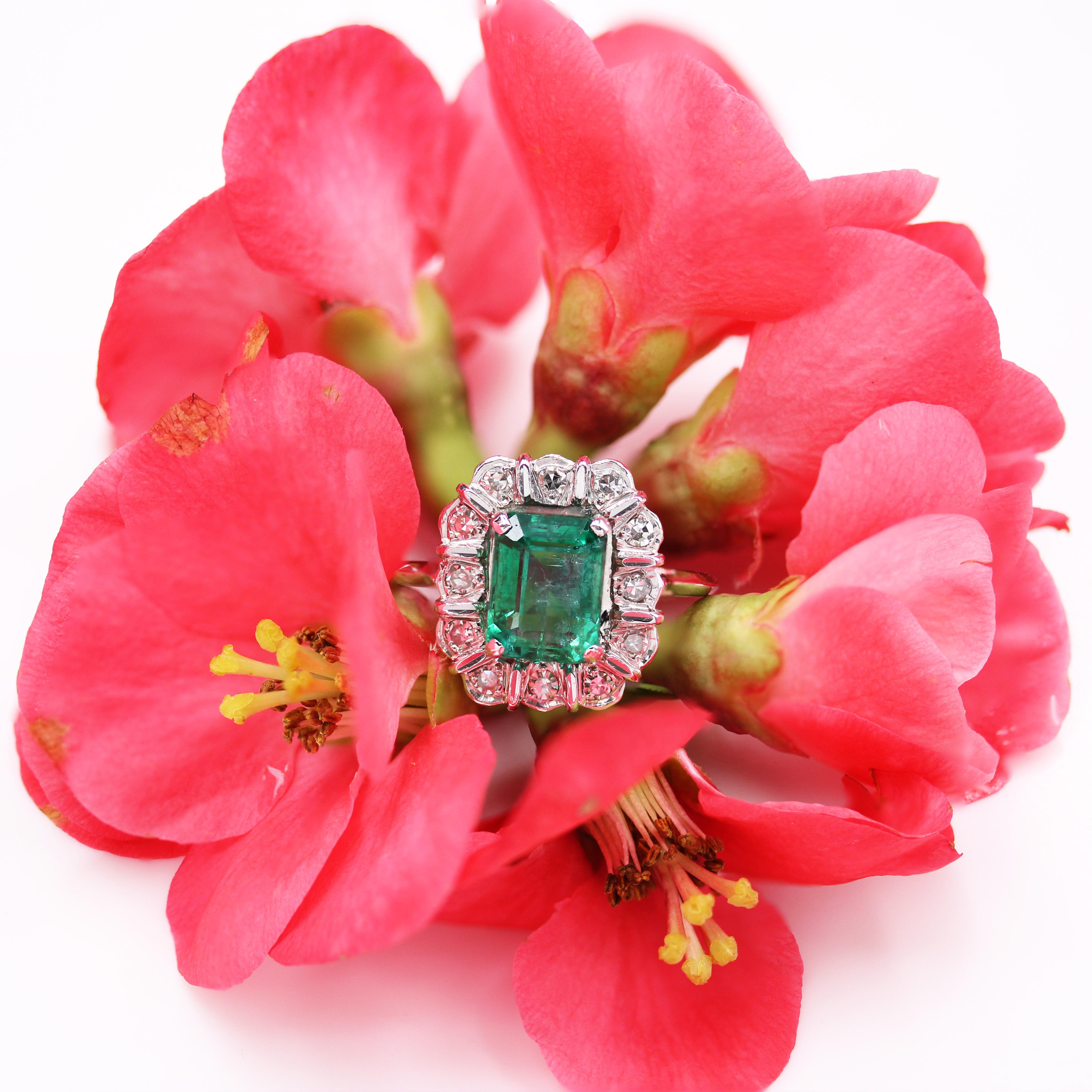 French 1970s Emerald Diamonds 18 Karat White Gold Rectangular Cluster Ring For Sale 9