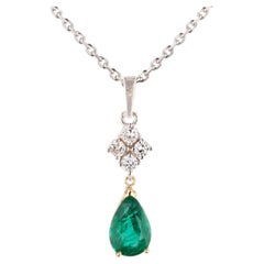 French 1970s Emerald Diamonds 18 Karat White Yellow Gold Pendant Chain Necklace