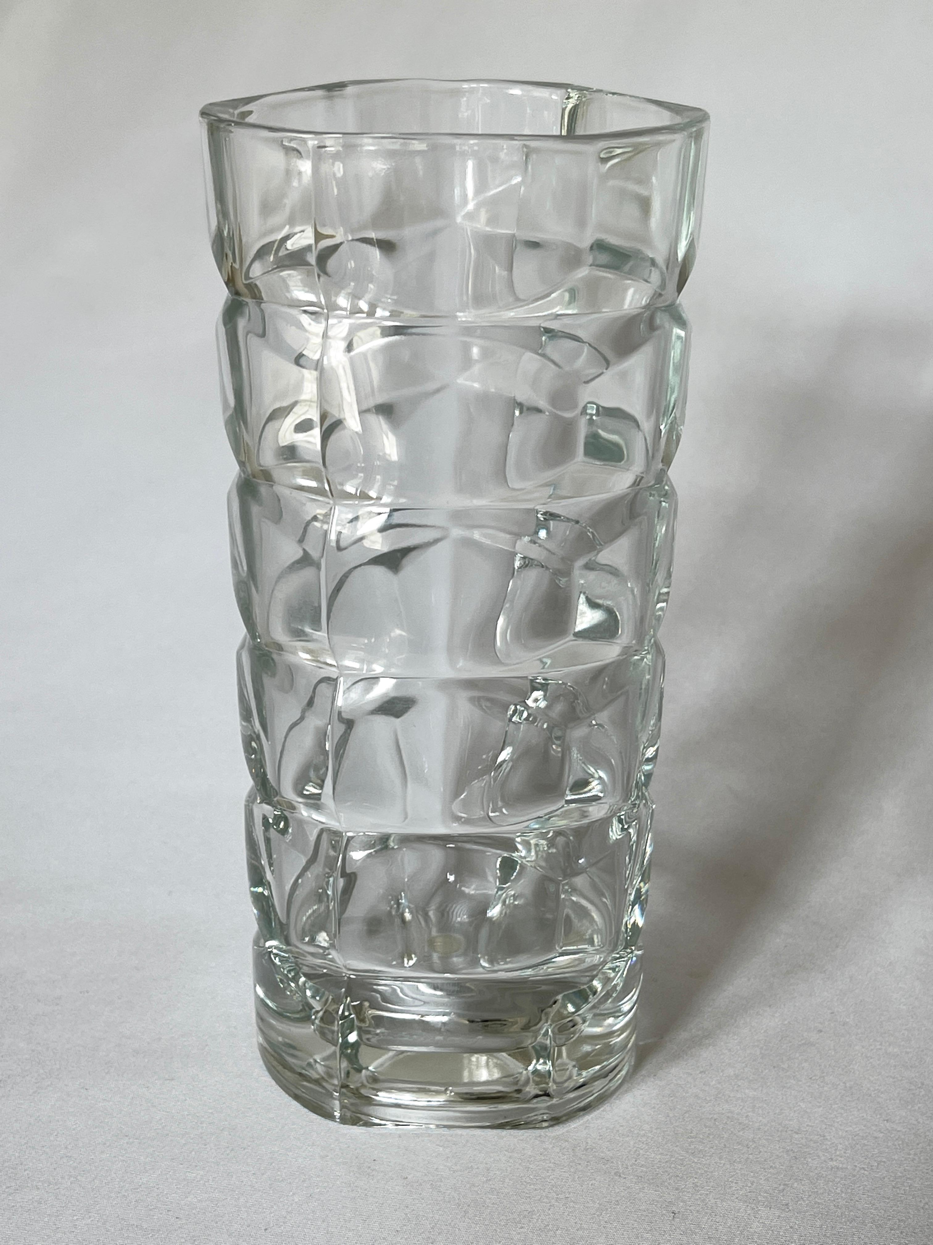 20th Century French 1970's Geometric Design Clear Pressed Glass Vase For Sale