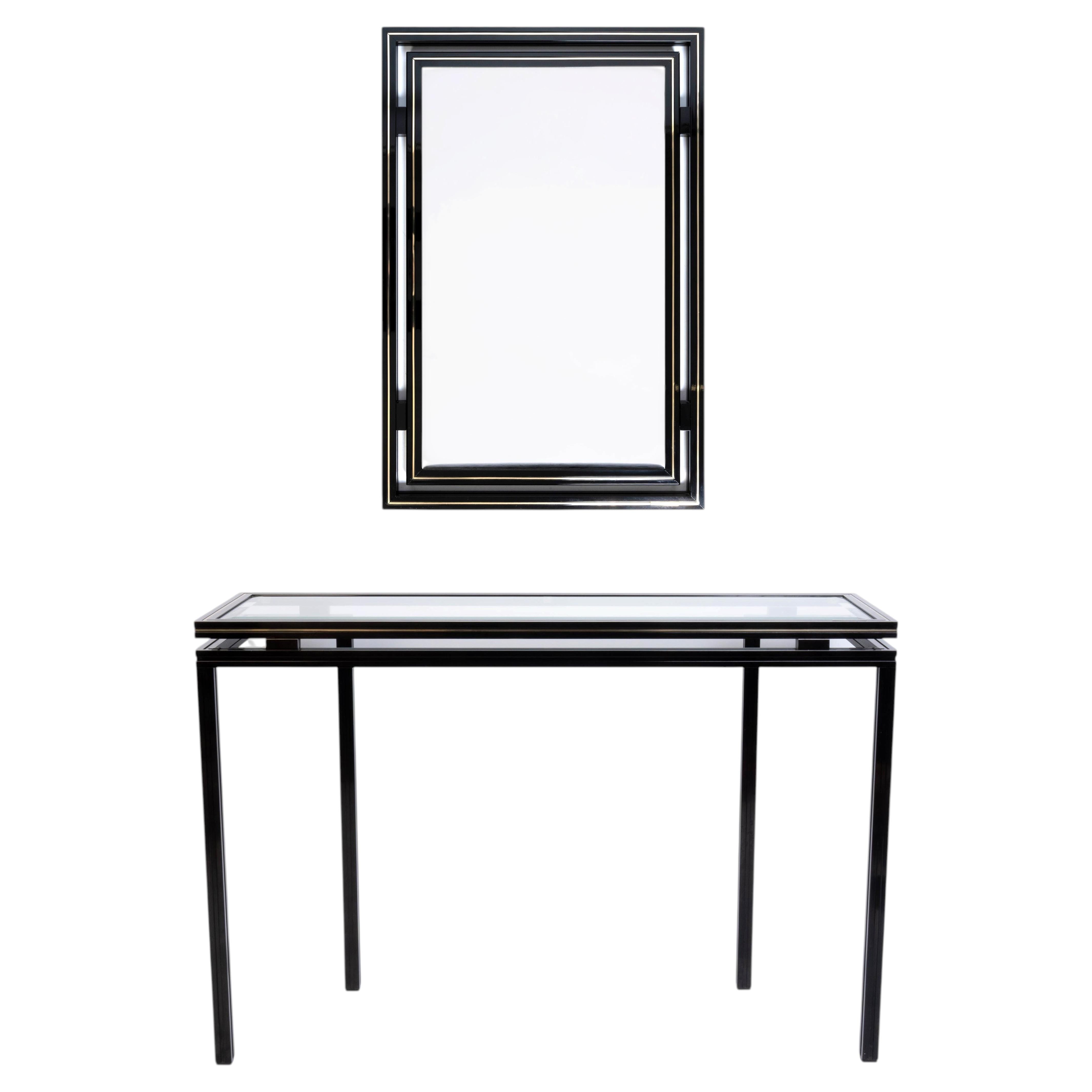 French 1970s Glass & Lacquer Console Table & Wall Mirror by Pierre Vandel, Paris