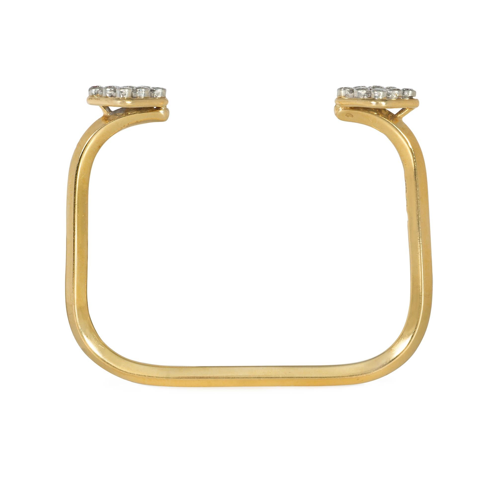 Modernist French 1970s Gold Geometric Cuff Bracelet with Diamond-Set Terminals For Sale